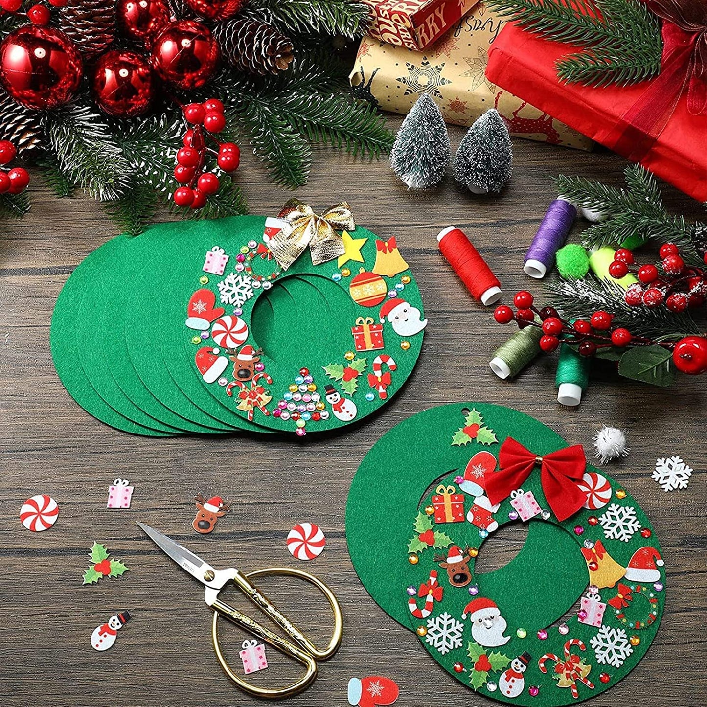 Tatuo 12 Pcs Felt Christmas Tree Wreath Decorating Craft Christmas DIY Ornaments Making Kit with 221 Self Adhesive Felt Stickers 12 Bows and 5 Gem Stickers (Wreath Style)