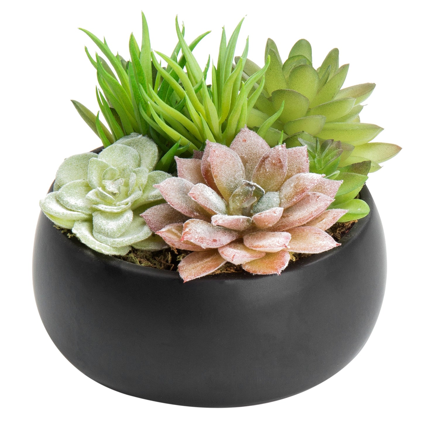 MyGift Mini Artificial Succulent in Pot, Fake Plant Arrangement in Black Ceramic Planter Bowl