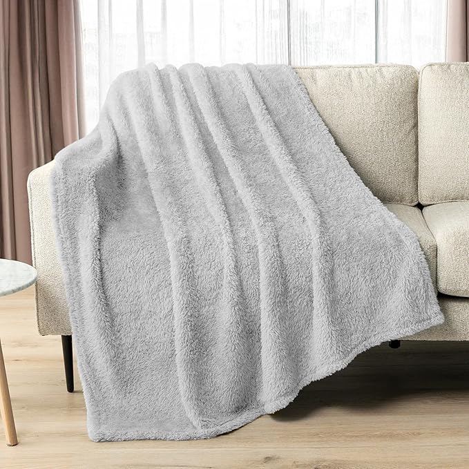 PAVILIA Sherpa Throw Blanket for Couch Sofa, Light Grey Fluffy Warm Plush Blanket for Twin Bed, Cozy Super Soft Lightweight Throw, Fuzzy Decorative Blanket, All Season Home, 60x80