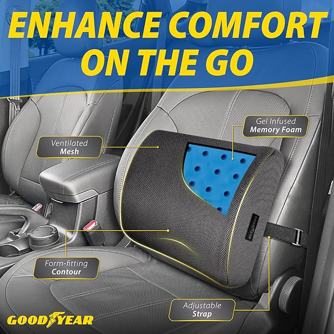 Goodyear Pure Memory Lumbar Support Pillow – Premium Memory Foam Back Support Cushion for Office Chair, Car Seat & Recliner – Ergonomic Lower Back Relief, Breathable, Cooling, Adjustable Strap