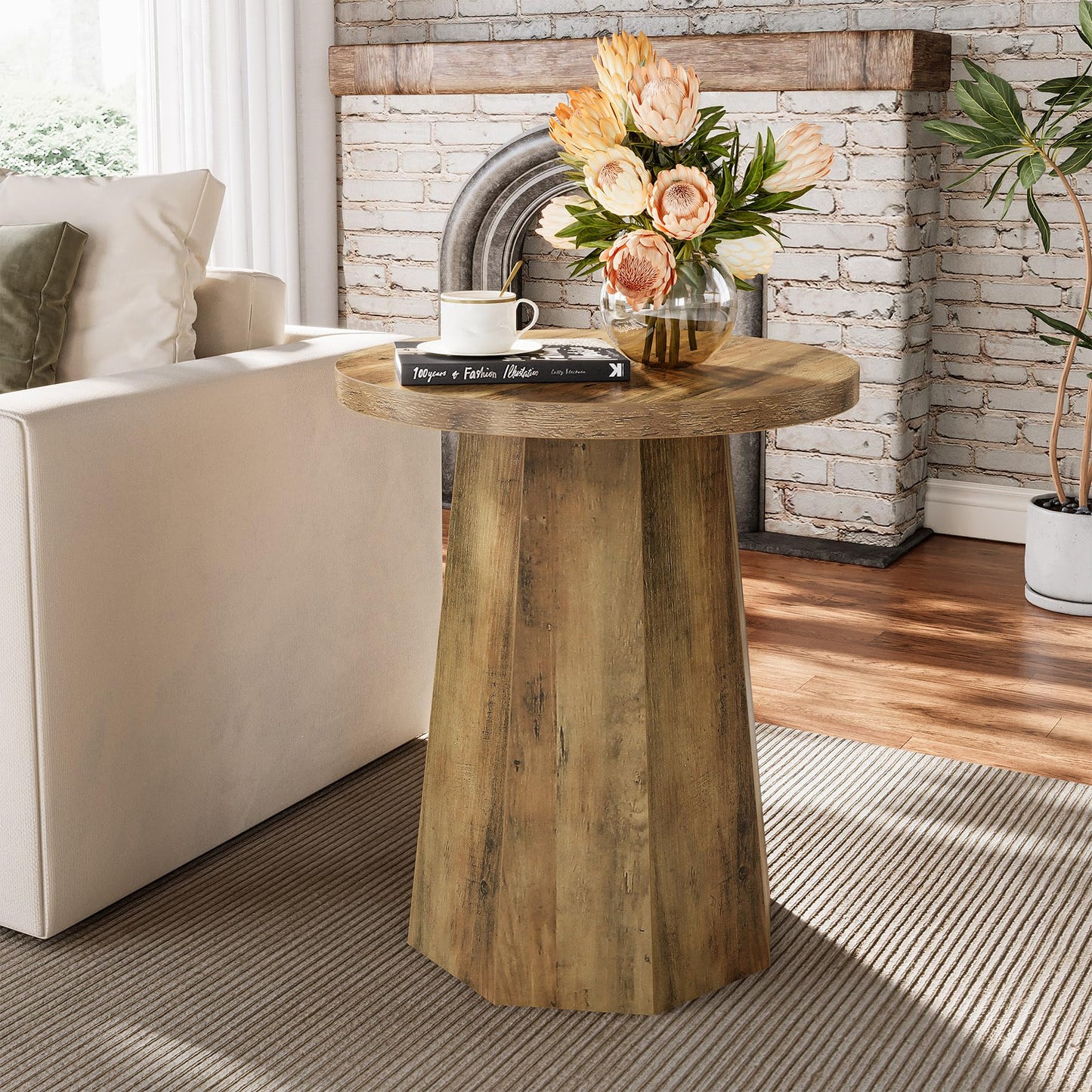 Tribesigns Round Pedestal End Table, Farmhouse Couch Side Table with Octagonal Base, Wooden Drink Stand Accent Nightstand (1, Rustic Brown)