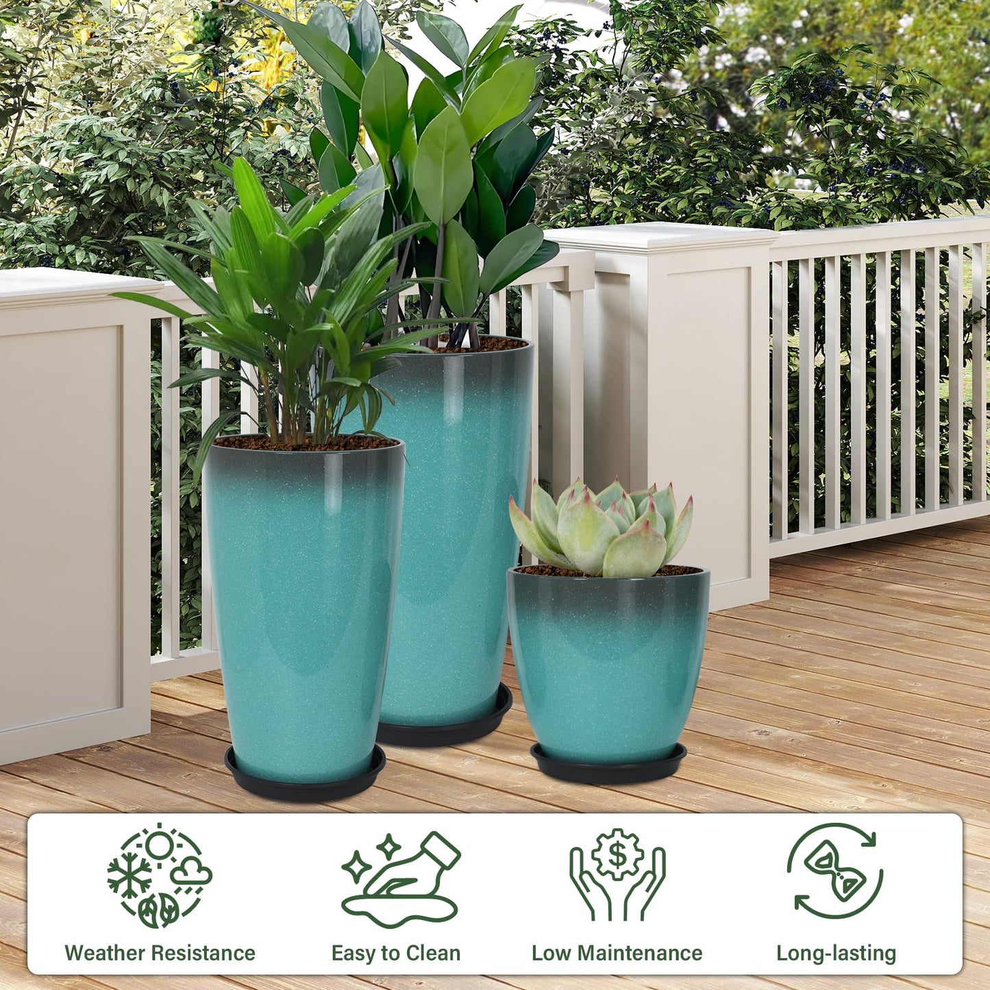 Neoaider 24/21/12 Inch Large Plastic Planter, Lightweight Ceramic-Look Tall Planters with Drain Hole & Saucers, Tall Plastic Planters for Porch, Garden, Patio, Balcony(Sky Blue)