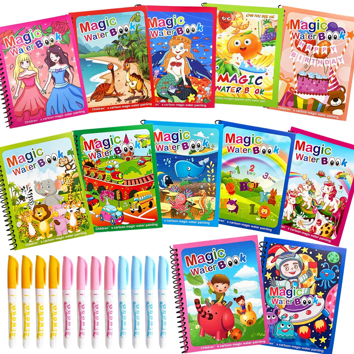 Dduolammng 12 Pack Cartoon Paint Books, Reusable Water Painting Book, Educational Gifts