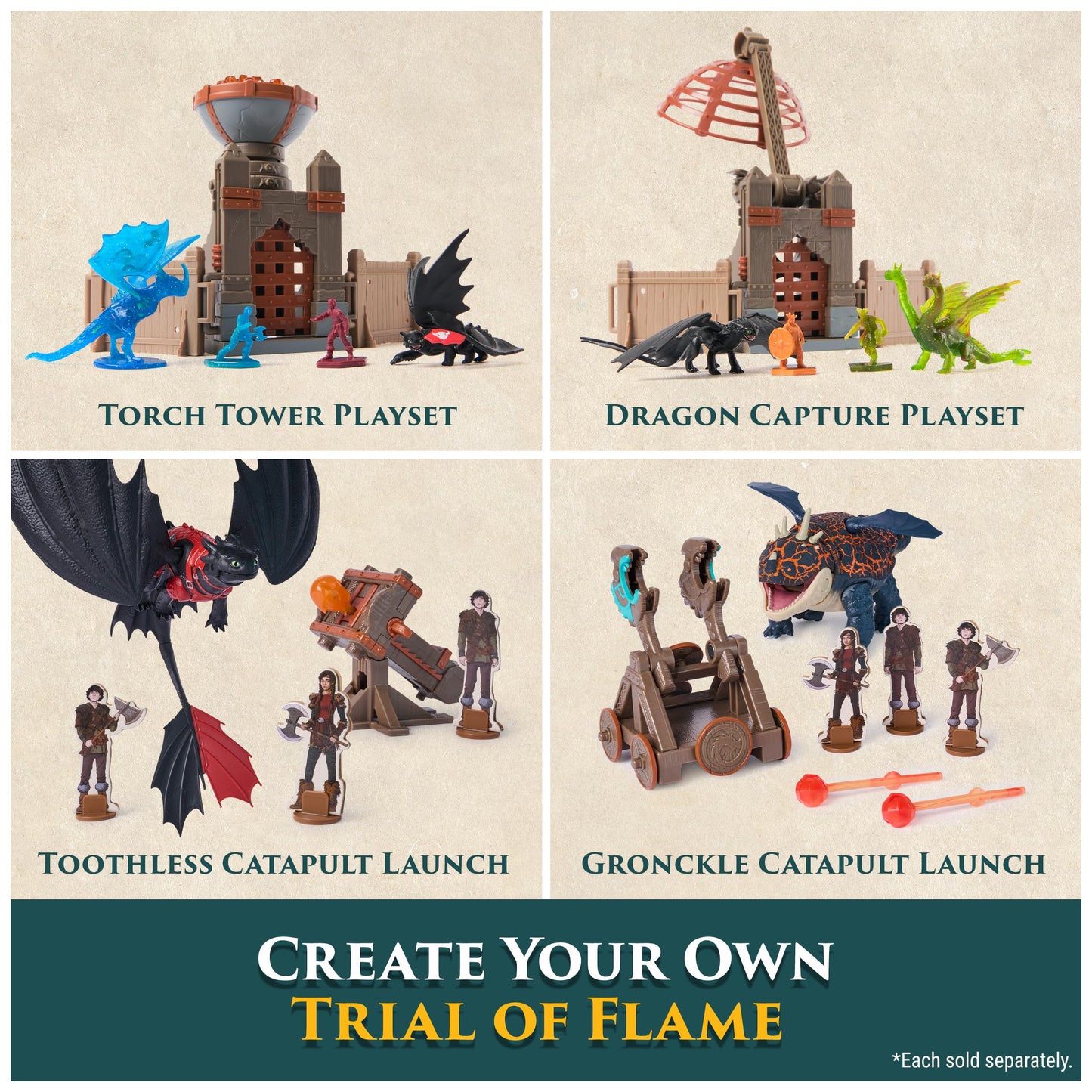 DreamWorks Dragons, World of Berk, Trial of Flame Bundle Pack with Dragon Capture and Torch Tower Playsets, 4 Dragon Figures with 4 Viking Figures, for Ages 4 and up