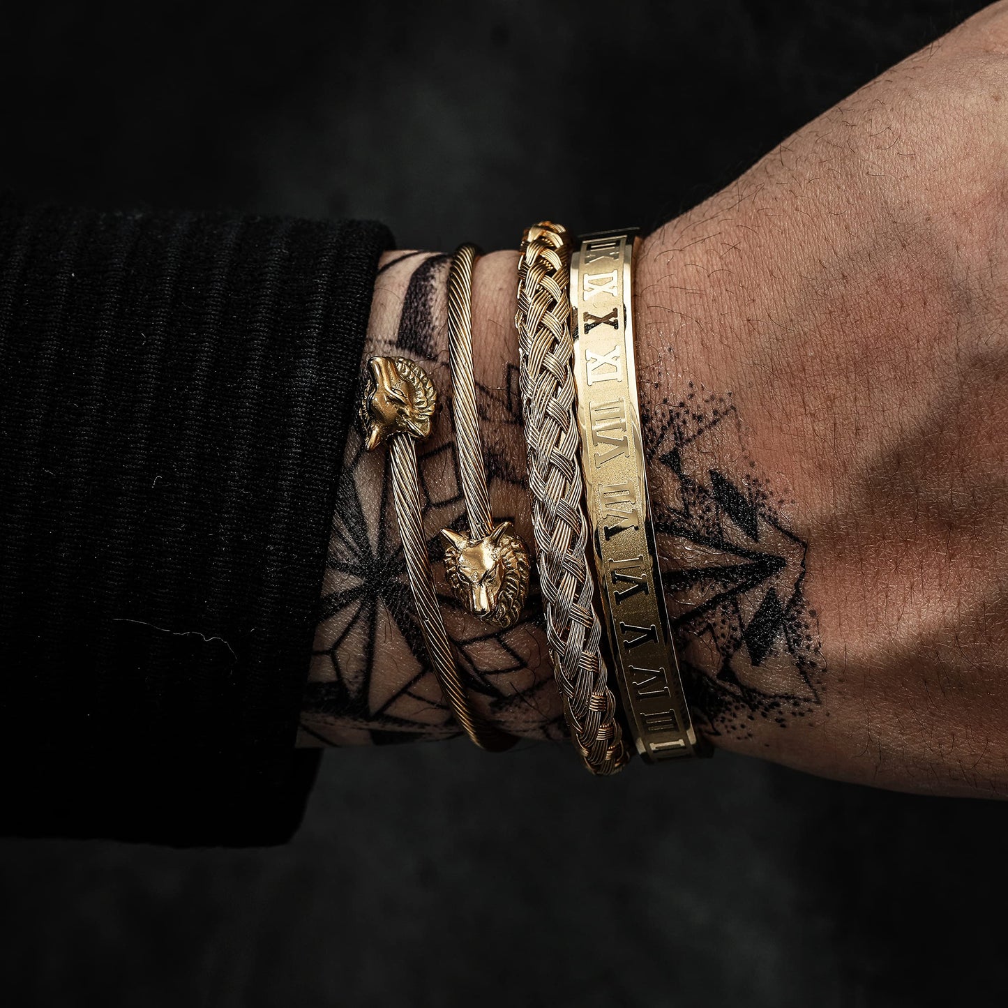 WFYOU 3PCS Stainless Steel Bracelets for Men Gold Roman Numeral Bangle Bracelet Twisted Cable Bracelet Adjustable Cuff Bracelet Mens Luxury Jewelry Bracelets Gifts(M:Gold)