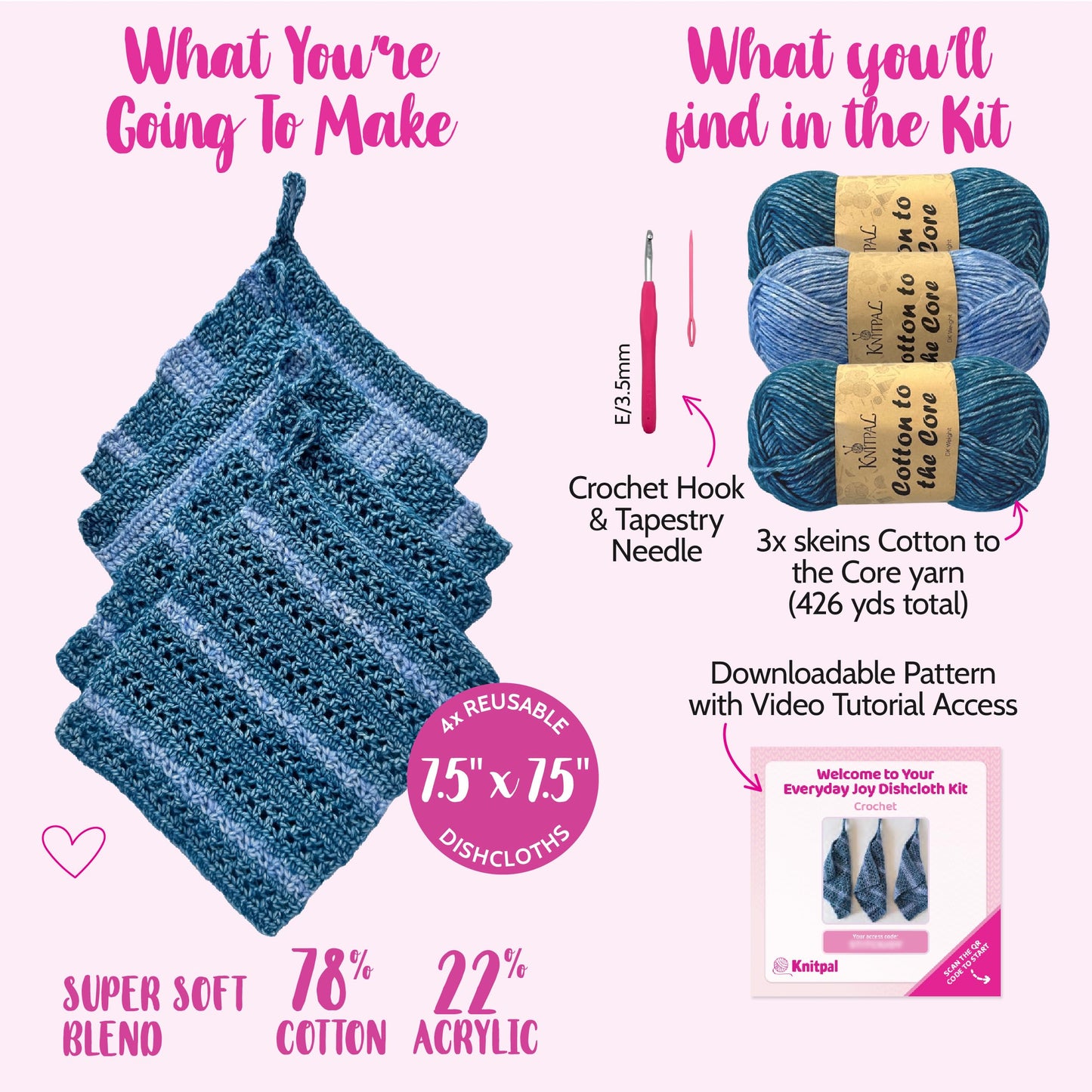 KnitPal Everyday Joy Crochet Kit for Confident Beginners – Make 4 Reusable 7.5 x 7.5 in Dishcloths – with Cotton to The Core Yarn (#3 DK), Hook, Patterns & Video Tutorials (Jean Blue + Sky Blue)
