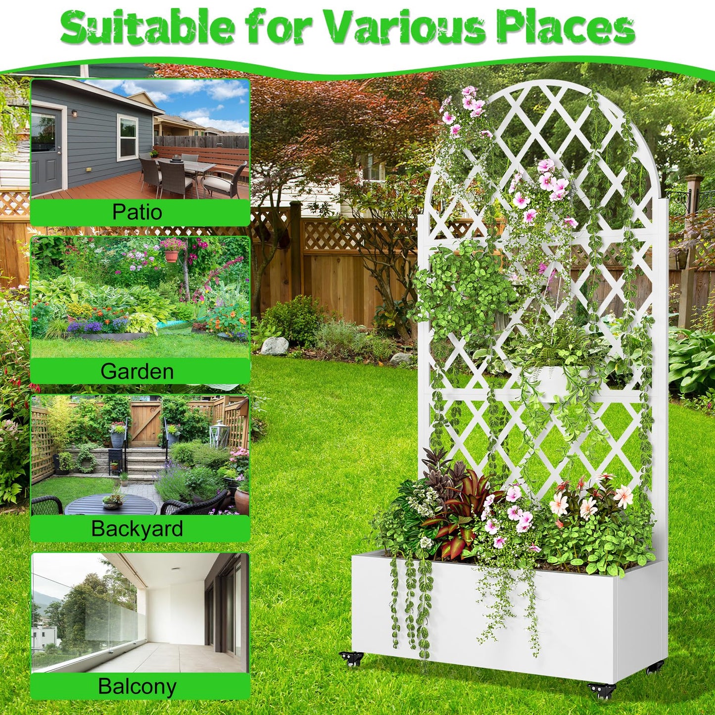Metal Planter Box with Trellis, Raised Garden Bed with Drainage Hole, Privacy Screen, Wheels, 73"x 35"x 16" Planters Box for Climbing Plants Vegetable Vines, Space-Saving Design, White