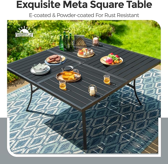 Patio Dining Set for 8, 60" x 60" Square Metal Table with Umbrella Hole, 8 x Stable Dining Chairs, Outdoor Table and Chairs Set for Lawn Backyard and Deck, Blue