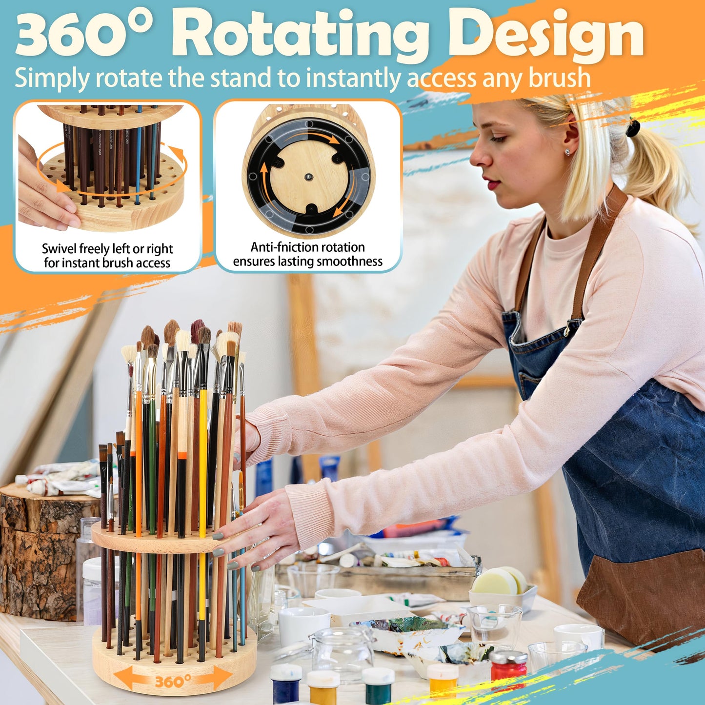 Dlicoda 52 Holes Paint Brush Holder, 360° Rotating Paint Brush Organizer, Hardwood Storage Stand Rack for Artists Brushes, Crafts Tools, Makeup Brush, Calligraphy Pens
