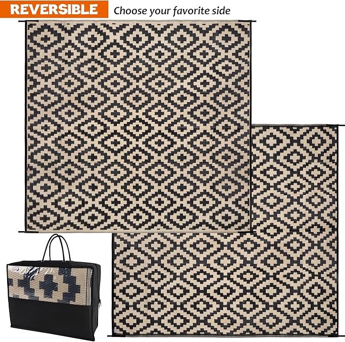 SAND MINE Waterproof Outdoor Rug 8x8 ft, Plastic Reversible Rug, Modern Area Rug, Large Floor Mat for Outdoors, RV, Patio, Backyard, Deck, Picnic, Beach, Camping, Black & Beige