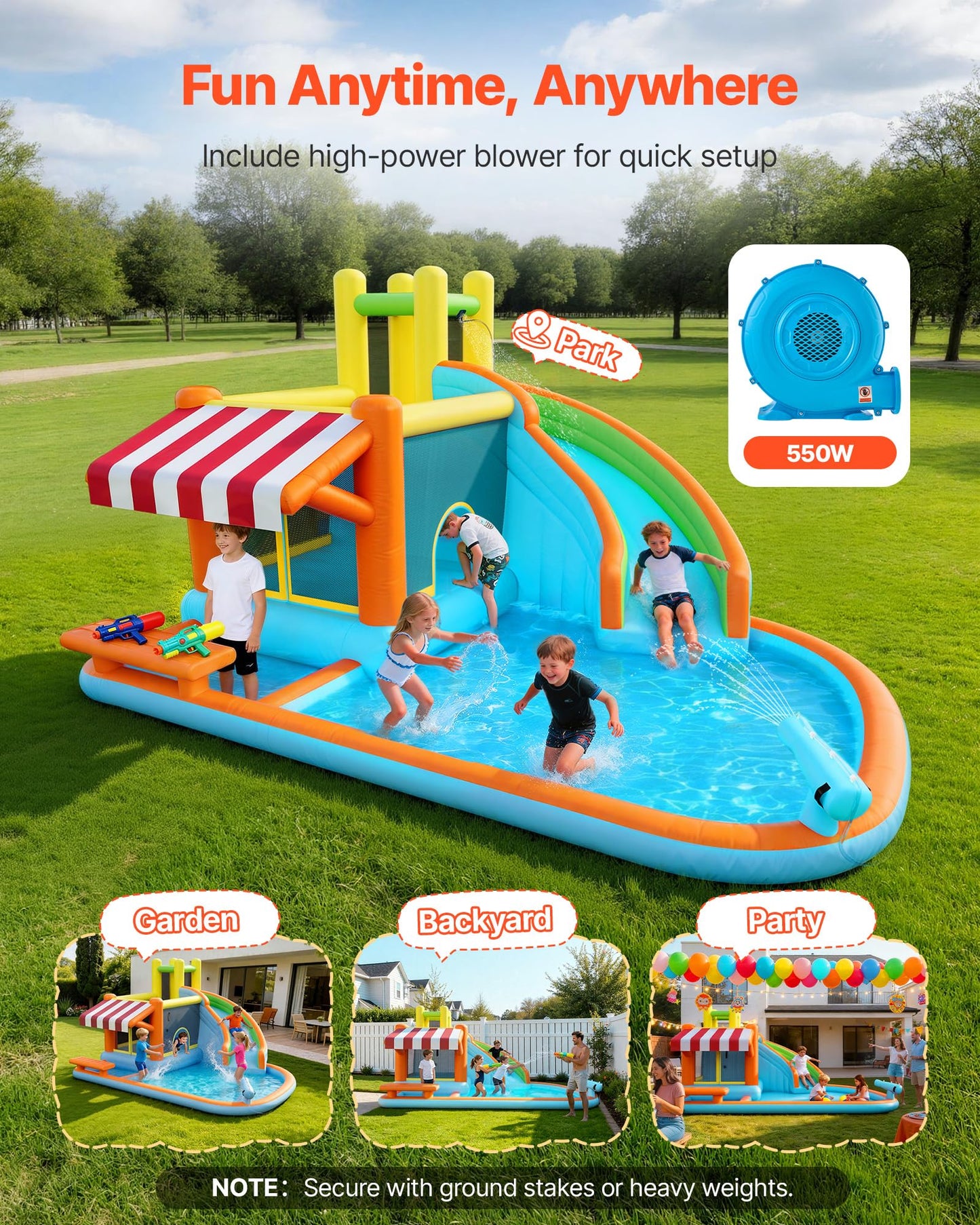 VEVOR Bounce House for Kids, Inflatable Bounce House with Air Blower, Water Slide, Bouncer Castle with Castle Bounces, Tall Slide, Splash Pool & Pretend Market Booth, for 3 to 4 Kids Ages 3 to 8