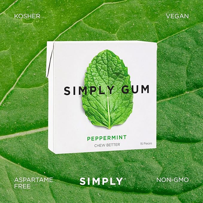 SIMPLY Gum Peppermint, Plastic-Free Natural Chewing Gum, 6 Pack (90 Pieces) | Vegan, Kosher, Non GMO, Aspartame Free and Sorbitol Free