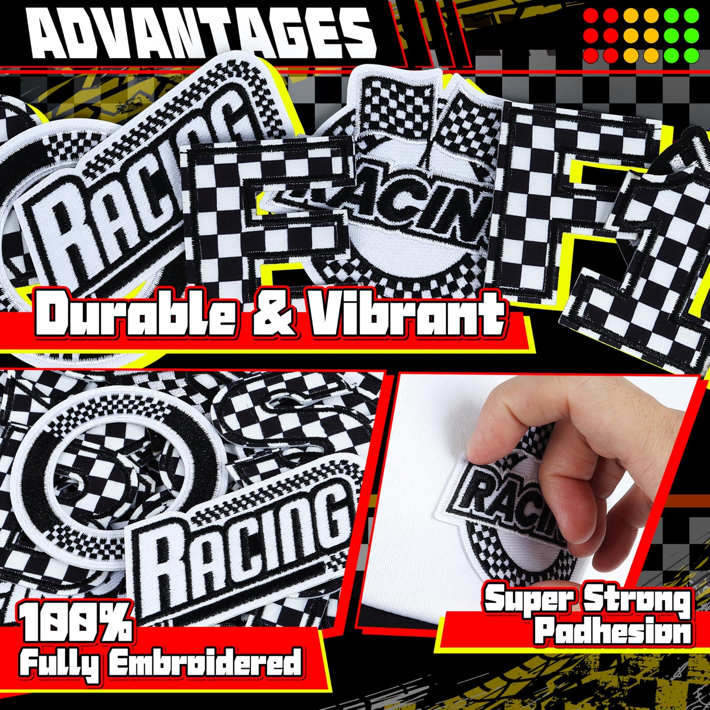 Meneng Letters and Numbers Patches for Racing: 82 Pcs Iron On Checkered Letters with Car Patches - Embroidered Flag Lightning Patch for Jacket Hat Customization