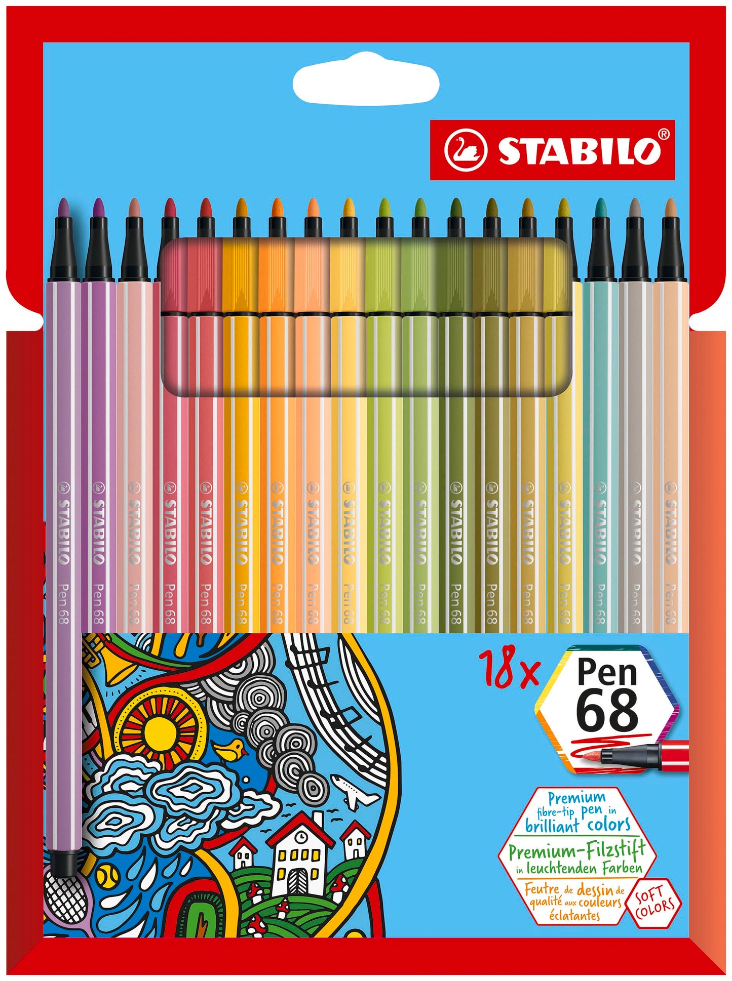 STABILO - Pen 68 - Premium Fibre-Tip Pen - Pack of 18 - Soft colors
