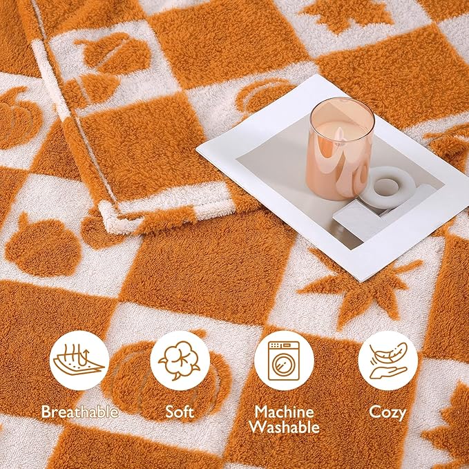 SOCHOW Fall Decor Jacquard Throw Blanket, Fuzzy Soft Warm Pumpkin Maple Leaves Plaid Autumn Checkered Blanket for Couch, Sofa and Bed, 50 x 60 Inches, Orange/White