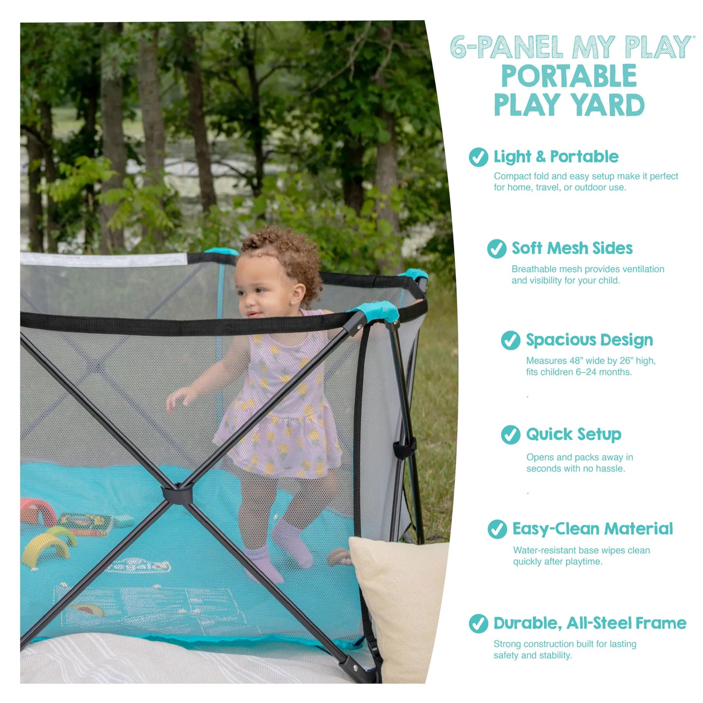 Regalo Safety My Play Portable Baby Playpen & Play Yard, Foldable 6-Panel Indoor Outdoor Playpen for Babies & Toddlers, Mesh Sides, Washable Fabric, 48”, Aqua/Black