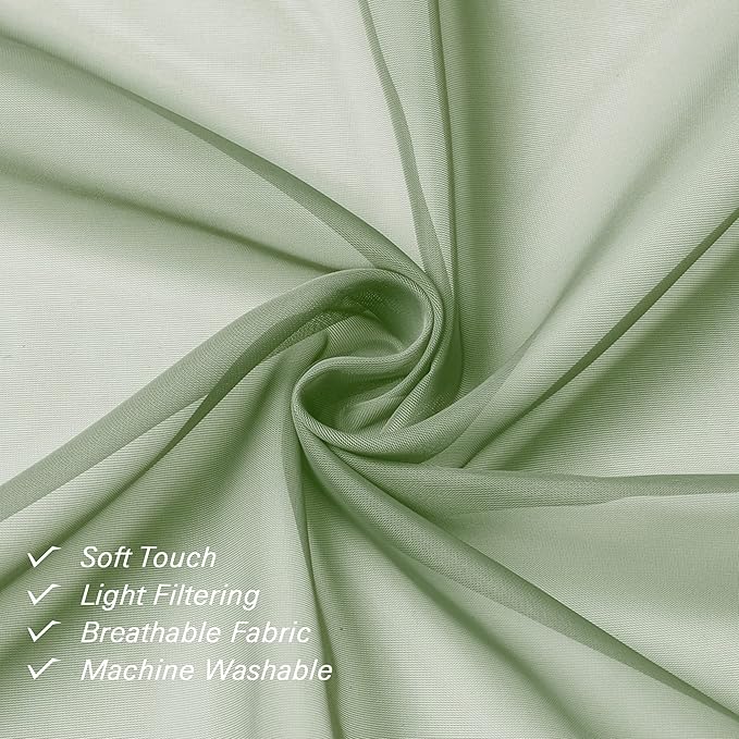Lecloud Sage Green Sheer Curtains 45 Inch Long 2 Panels, Short Voile Drapes for Dinning Small Windows, Light Filtering Voile Curtain for Living Room Bedroom Bathroom, Dual Rod Pocket, 40" Wx45 L