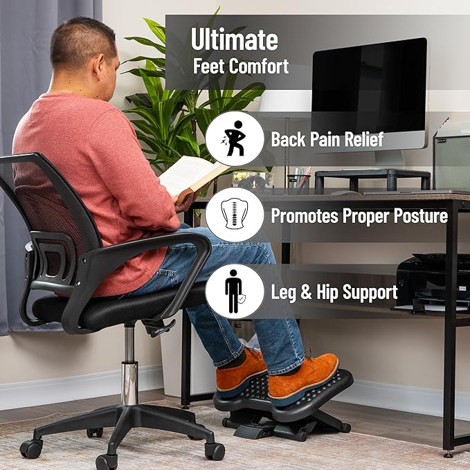 Mind Reader Foot Rest, Under Desk at Work, Ergonomic, Height Adjustable, Office, Plastic, 17"L x 13"W x 6.25"H, Black