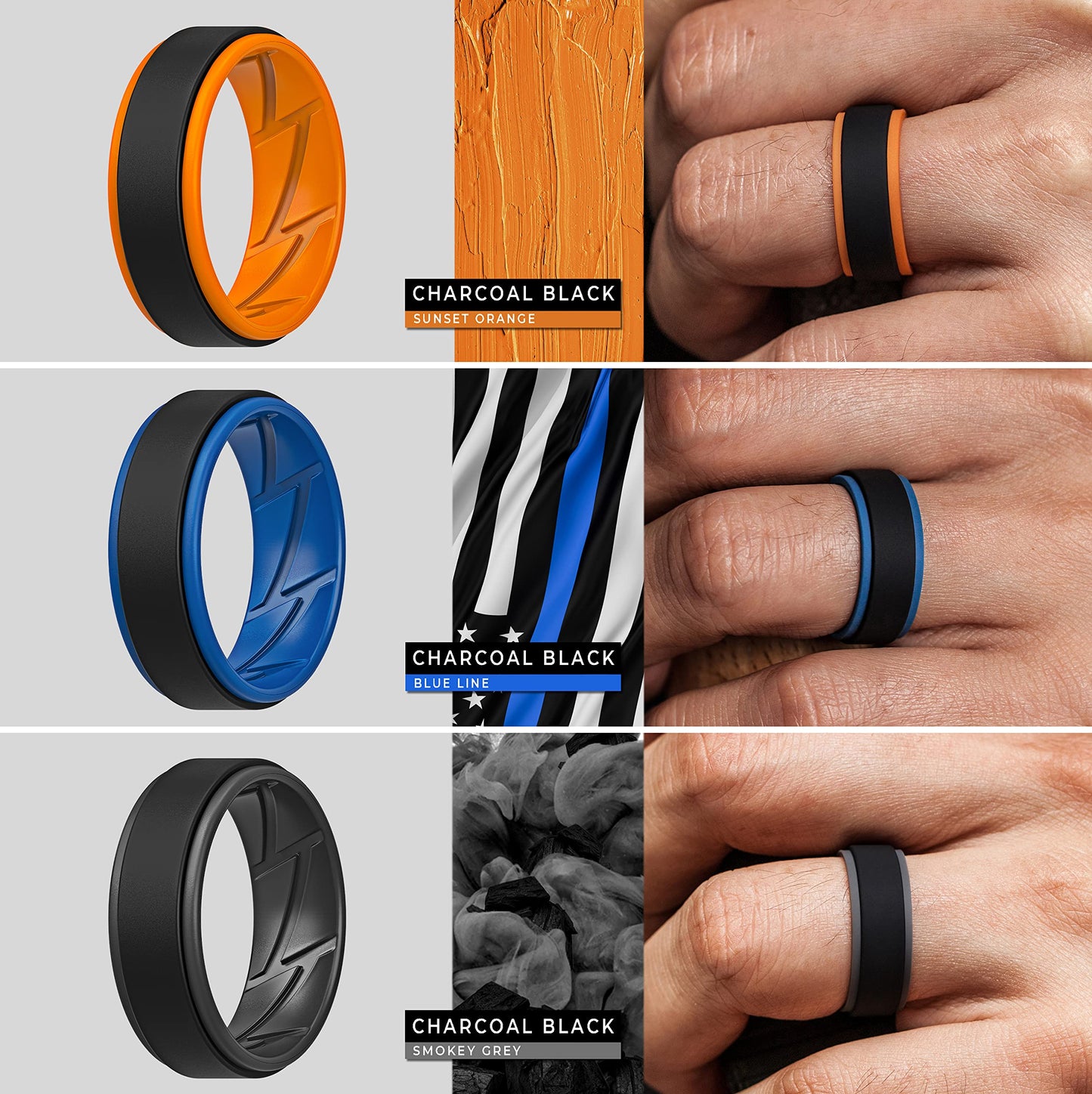 ThunderFit Silicone Wedding Rings for Men Breathable Airflow Inner Grooves, Step Edge Sleek Design Rubber Engagement Bands 8mm Wide 2mm Thick, Variety Multipack 1-7