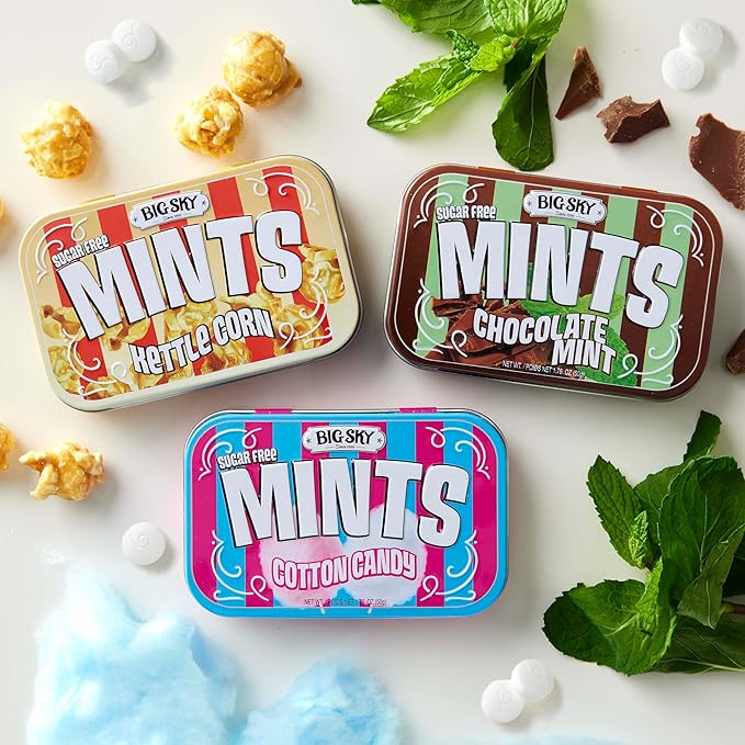 Big Sky Sugar Free Mints Cotton Candy | Sugarfree, No Artificial Colors or Flavors | Kosher Certified, Vegan, Gluten Free | Aspartame & Xylitol Free | 50 Count Tin (Pack of 6)