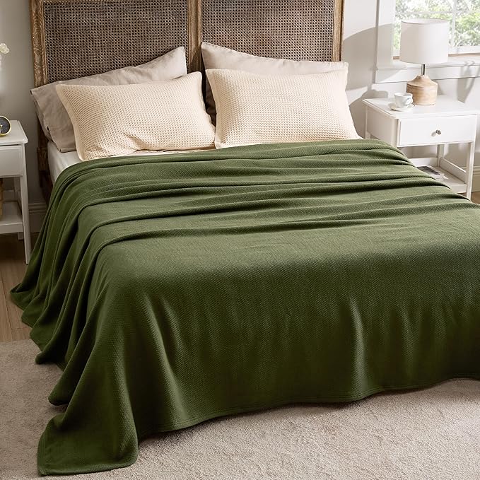 Bedsure 100% Cotton Blanket Queen Size for Bed - Breathable and Lightweight, Soft Cozy Textured Herringbone Woven Blanket for Summer Spring, Olive Green, 90x90 inches