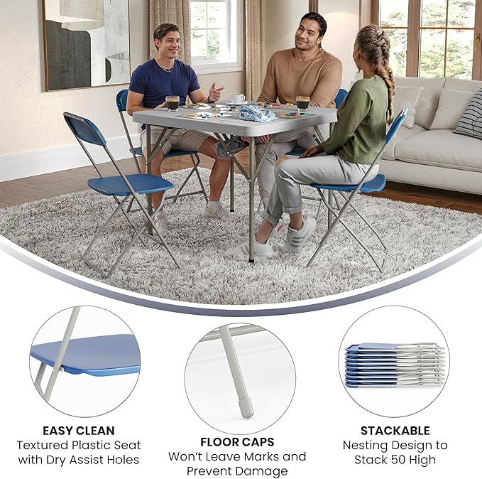 Flash Furniture Hercules Series Plastic Folding Chair - Blue - 4 Pack 650LB Weight Capacity Comfortable Event Chair-Lightweight Folding Chair