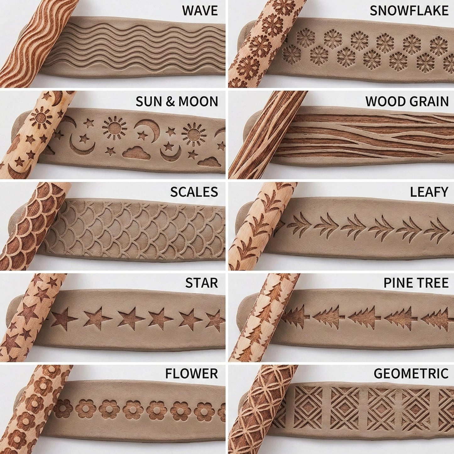 YANGYIXIN Wooden Clay Texture Rollers Set 10Pcs for Pottery Clay Roller and Texture Roller Tool Set with 10 Wooden Stamps & Textured Rolling Pins for Ceramics, DIY Handmade Art and Craft Supplies.