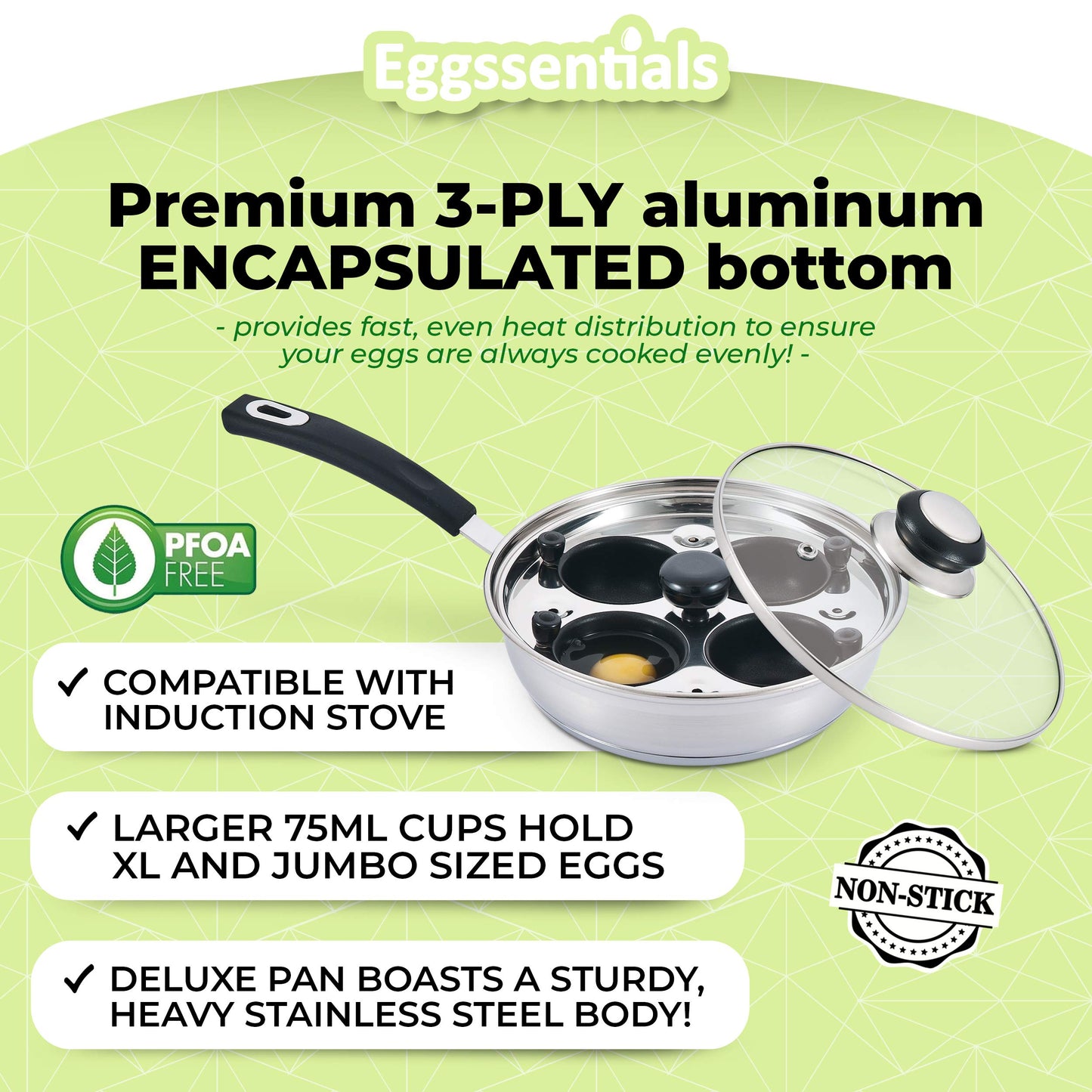 Eggssentials Pancake Batter Dispenser - Poached Egg Maker, Stainless Steel Egg Poaching Pan