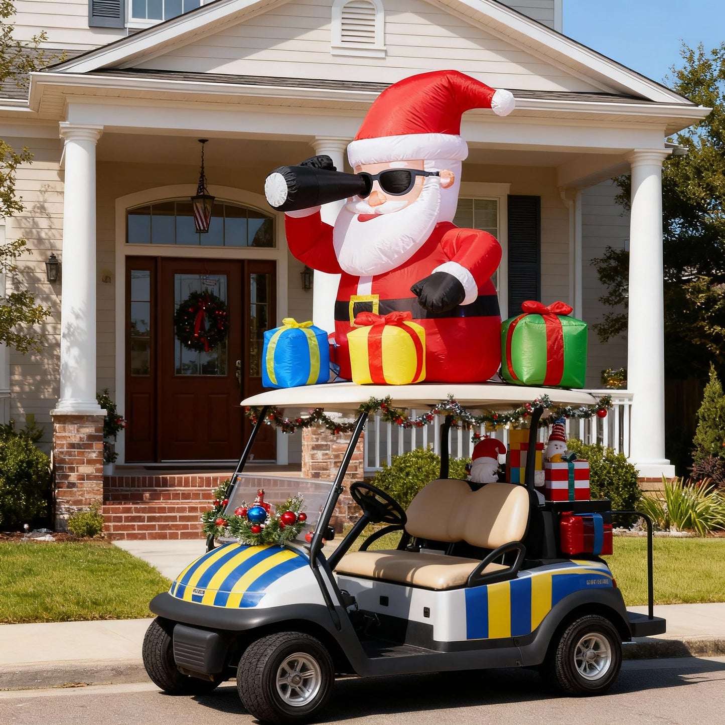 5 FT Christmas Rooftop Inflatable Santa with Telescope & Lighted Gift Boxes for Cars, SUVs, Trucks & Golf Carts, Blow Up Yard Decoration for Lawn, Garden & Indoor Holiday Display