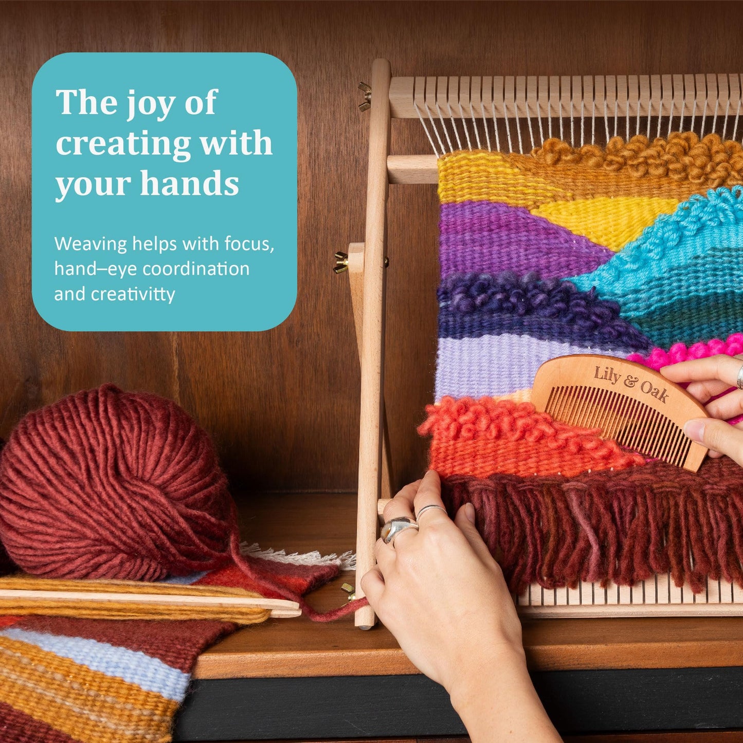 Lily & Oak Weaving Loom for Adults & Kids - Weaving Loom Kit | Beginner-Friendly Table Loom & Lap Loom with Yarn, Tools & Instructions | Wooden Loom for Multicraft Projects (15.8 x 11.8 inches)