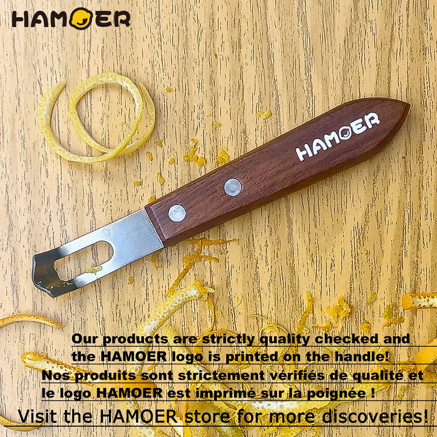 HAMOER Channel Knife Zester - Fruit and Vegetable Tool for Decorating Cocktails, Desserts, and Salads Stainless Steel Tip Wooden Handle