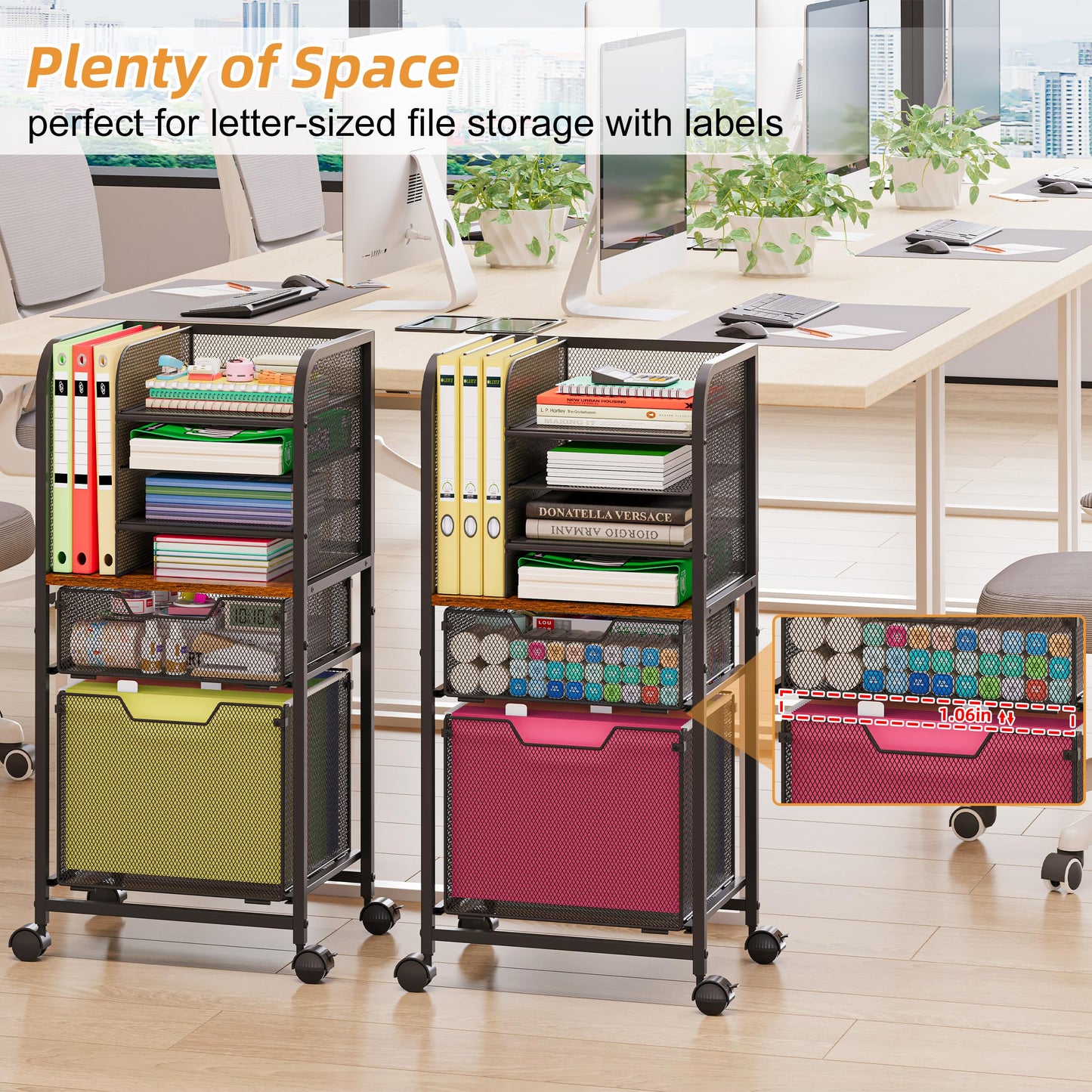 Feyejade 6-Tier Rolling File Cart with 2 Drawers, File Cabinet Organizer for Hanging File Folders, Letter-Size File Storage with Wheels, Multi-Layer Mobile Filing Cabinet for Office and Home
