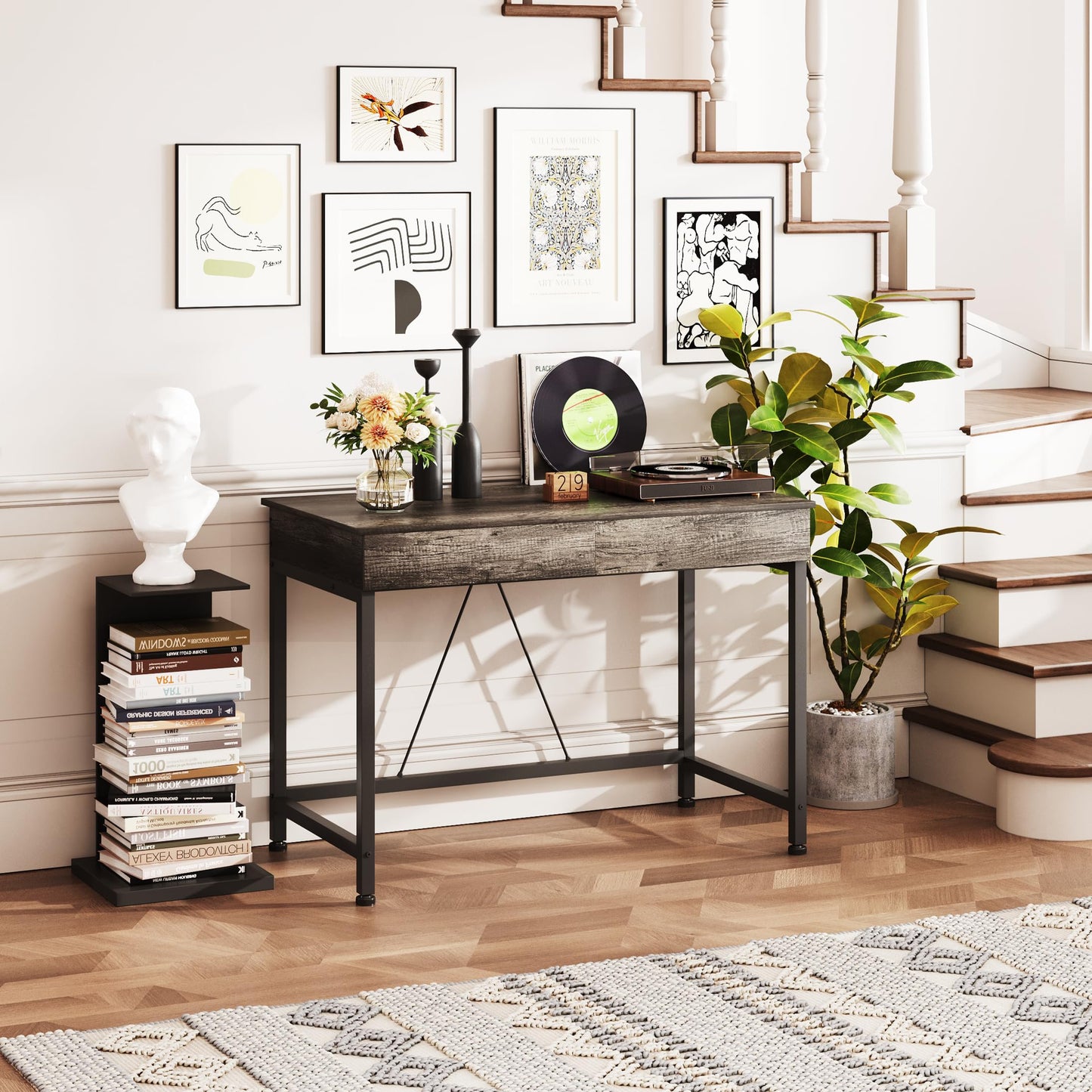 Mexin Small Desk with 2 Wooden Drawers, 40 Inch Home Office Writing Desk, Vanity Desk with Storage, Computer Desk for Bedroom Small Spaces, Table for Office, Work, Kids Study, Makeup, Gray Oak