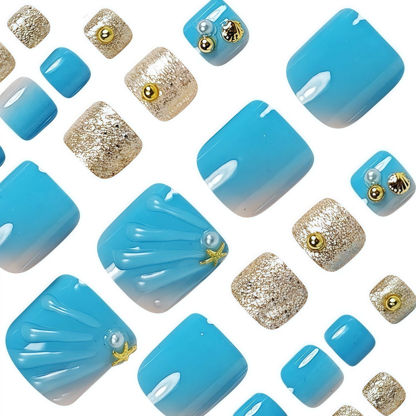 Ombre Blue Press on Toenails Short Square with Summer 3D Starfish Shells Gold Glitter Designs Full Cover Acrylic Beach Pearl False Toe Blue Gradient toenail Stick for Women 24Pcs