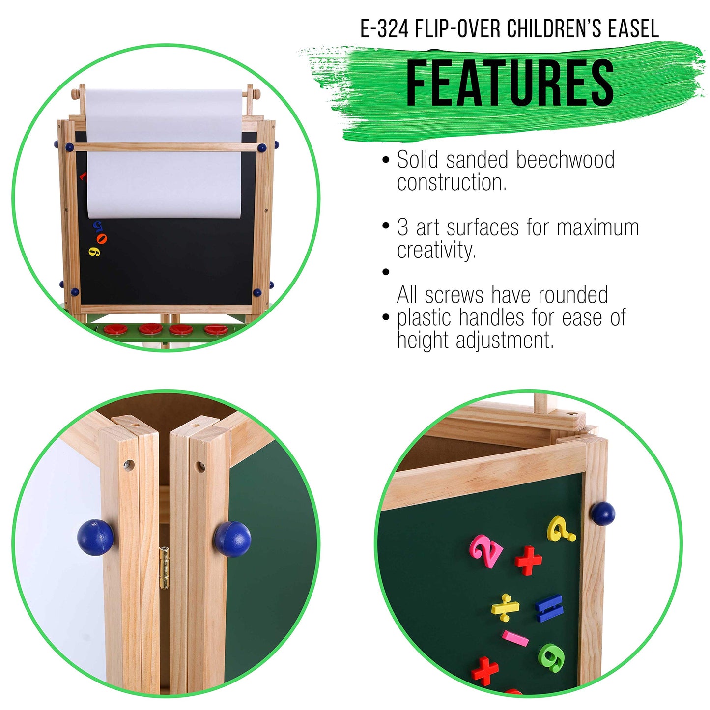 U.S. Art Supply Three Sided Art Station, Wooden Activity Easel with Paper Roll & Shelf - Easel for Drawing, Magnetic Whiteboard, Chalkboard Artist Station & Plastic Paint Cups