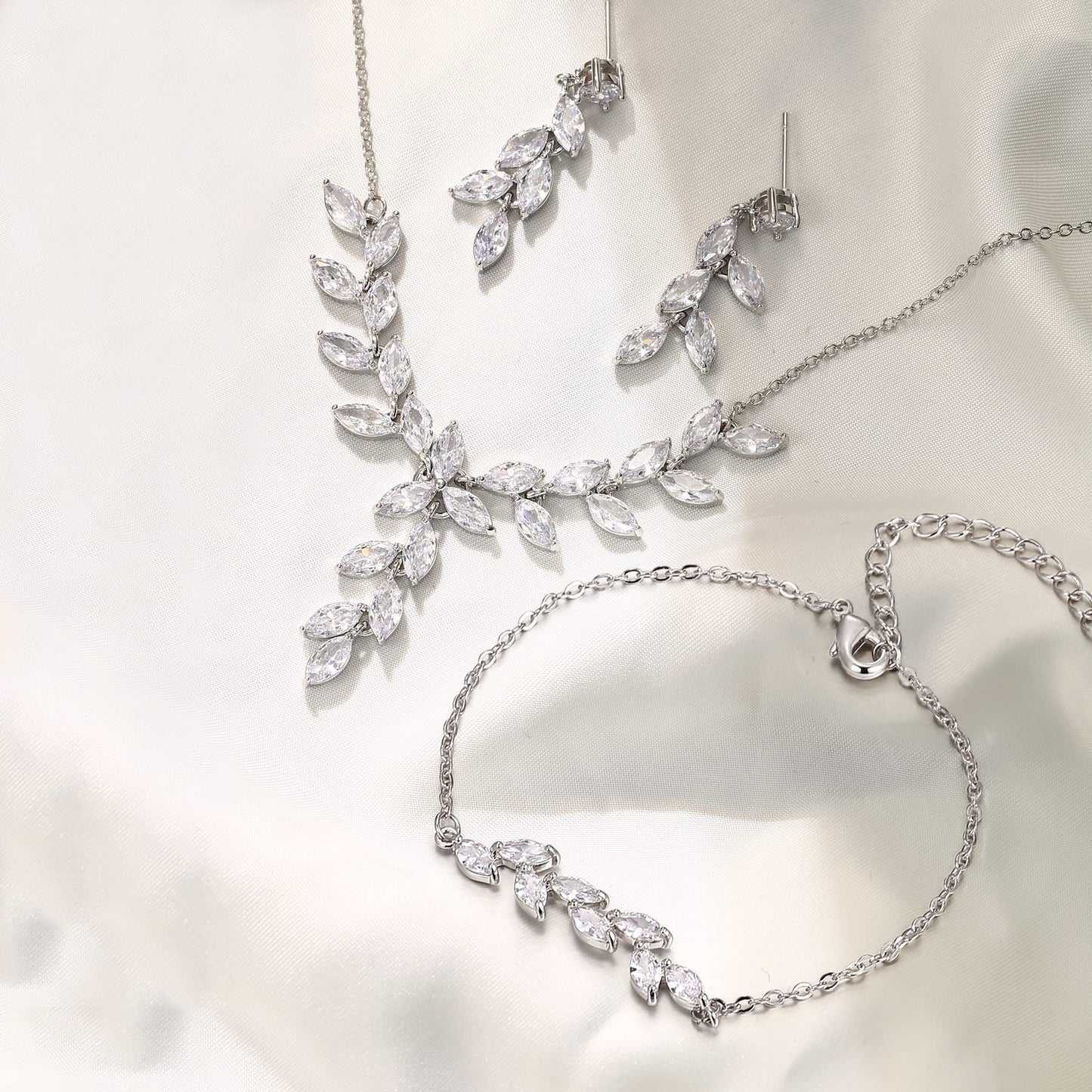 EVER FAITH Wedding Cubic Zirconia Jewelry Sets for Bride Bridesmaid, Sparkly Marquise Leaf Necklace Dangle Earrings Bracelet Set for Woman Clear Silver-Plated-Brass