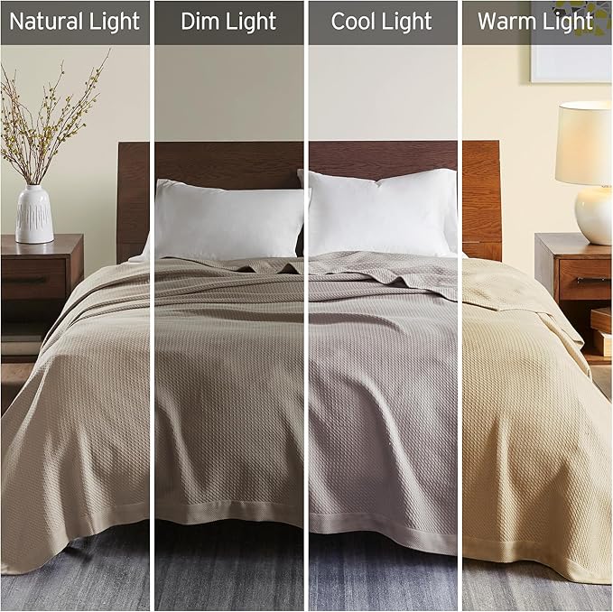Madison Park Soft Certified 100% Egyptian Cotton Breathable Cozy Blanket, Premium Waffle Knit Classic Design, Luxury All Season Lightweight Cover for Bed, Couch and Sofa, Khaki Twin(66"x90")