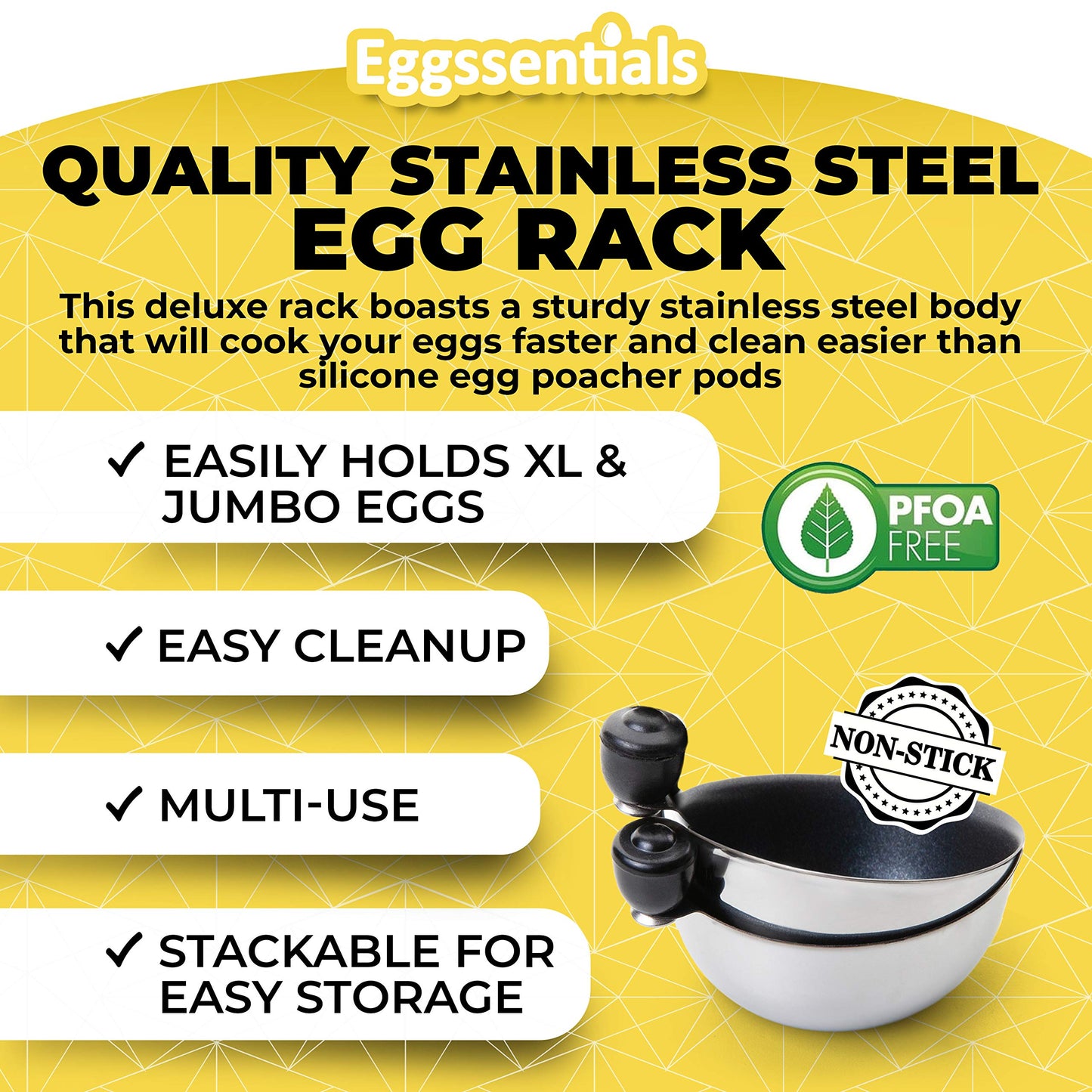 Eggssentials Egg Poacher Insert Stainless Steel Poached Egg Cooker Eggs Poaching Cup PFOA Free Egg Poachers Nonstick, 6.25" Rack Compatible with Skillet Instant Pot Pressure Cooker, 2 Poached Cups
