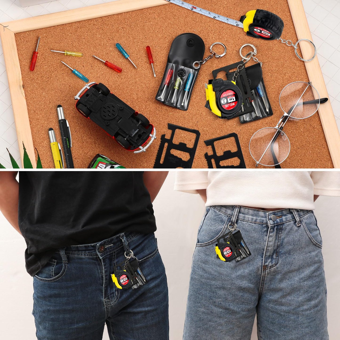 Saysurey 48 Pcs Mini Tape Screwdriver Keychain Set Father's Day Gifts Bulk Men Gifts Bulk Multitool Pen Card for Adult (Yellow,Black)