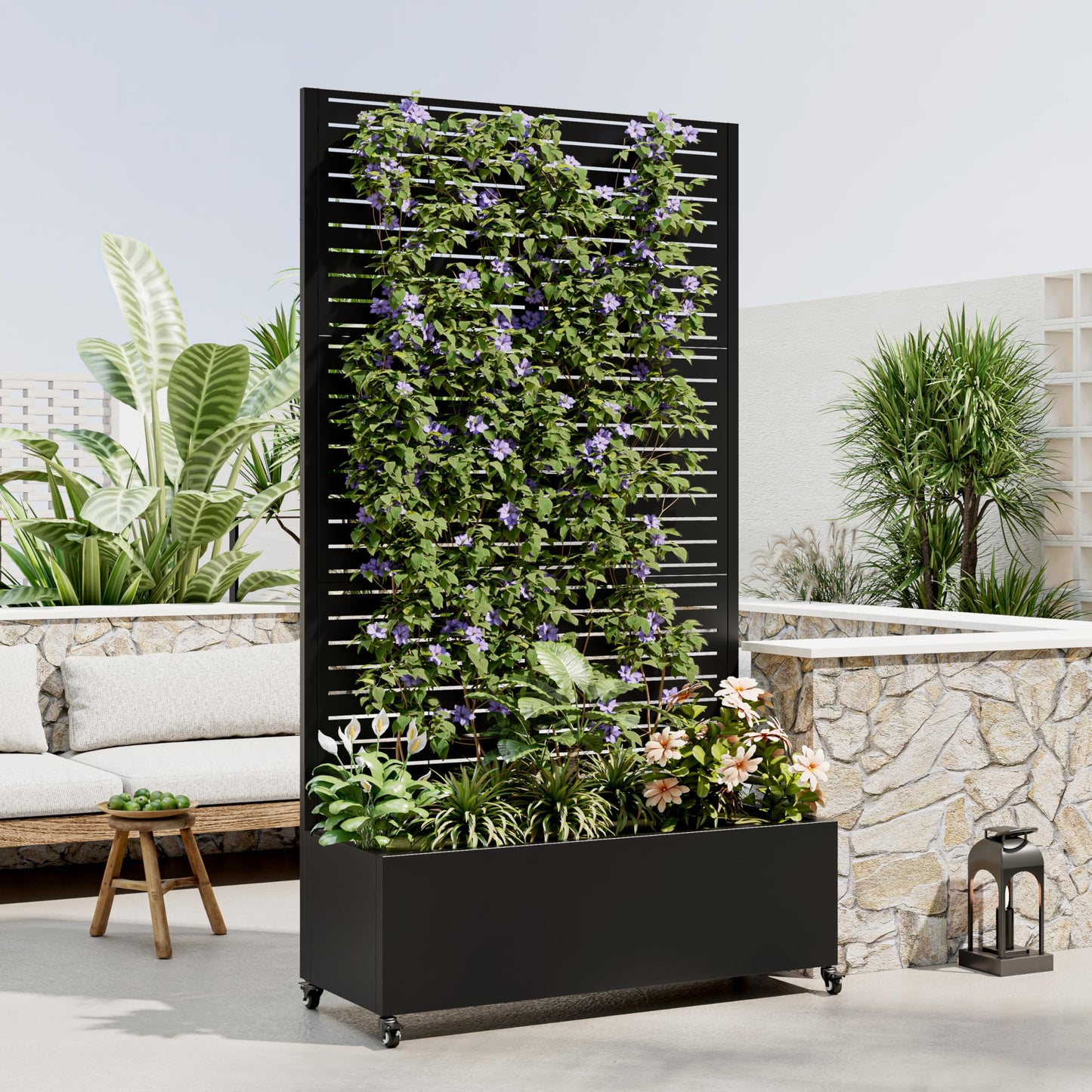 Clyrava Metal Raise Garden Bed with Trellis Outdoor Indoor, 73'' Tall Planter Box with Wheels, Large Planter with Drainage Holes & Lockable Casters for Climbing Plants, Vegetables, Vines (Rectangle A)