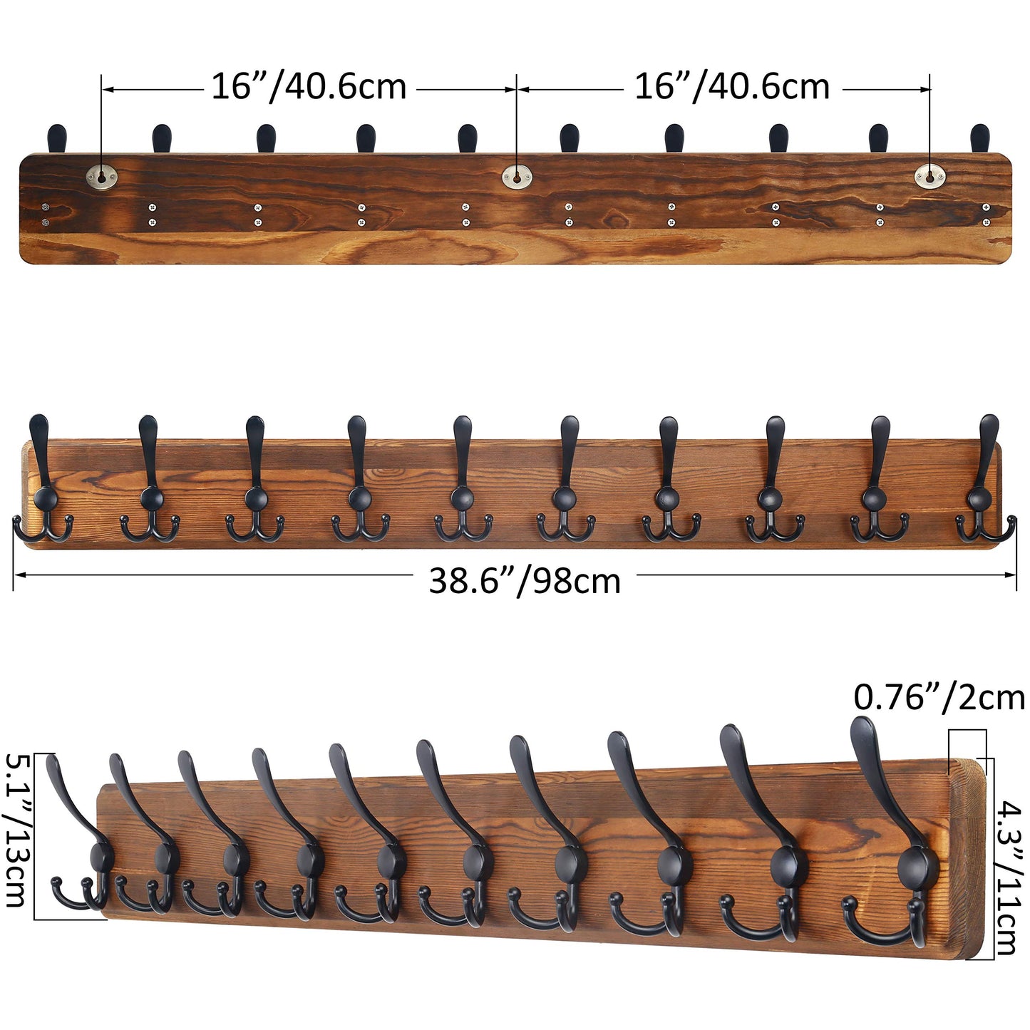SKOLOO Rustic Large Coat Rack Wall Mount-38.6'' Long Coat Rack for Wall, Wood Coat Rack Hook, Farmhouse Coat Hanger Wall Mount for Hanging Jacket Coat