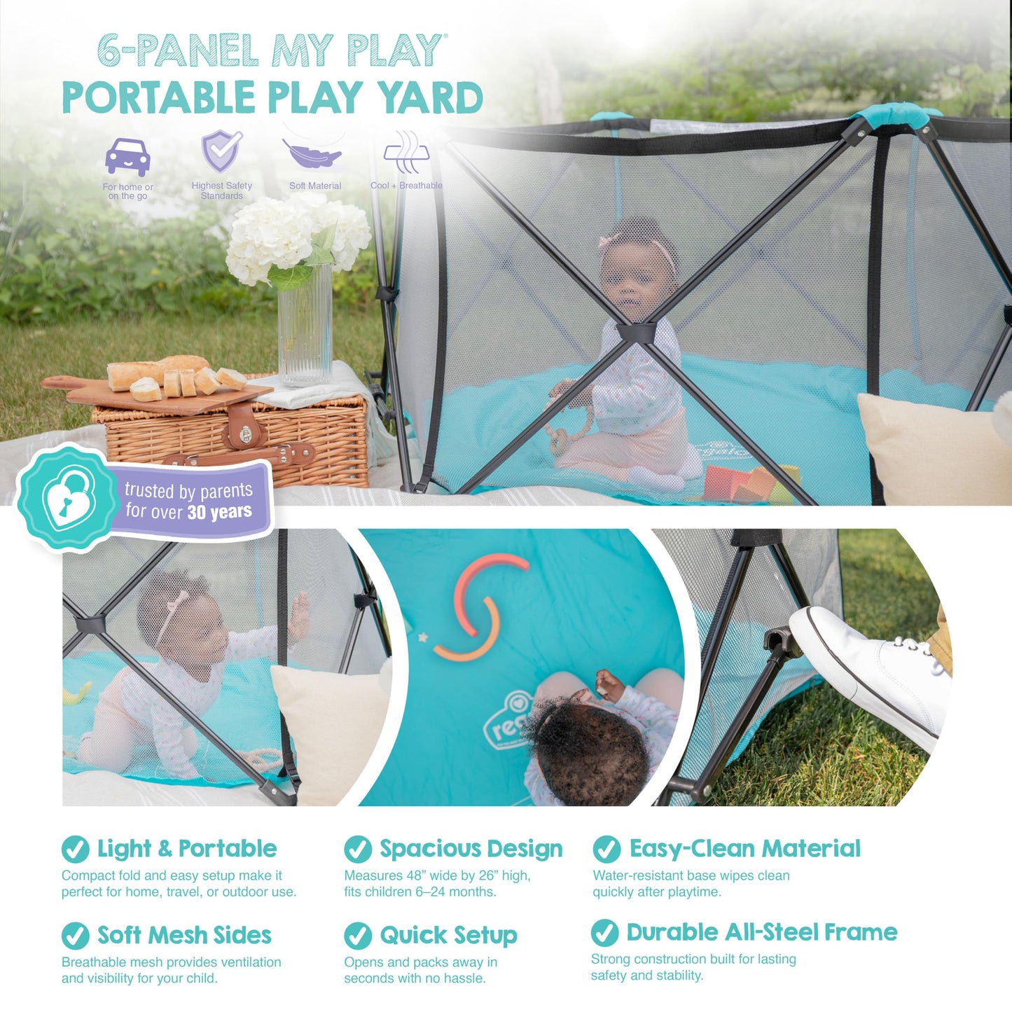 Regalo Safety My Play Portable Baby Playpen & Play Yard, Foldable 6-Panel Indoor Outdoor Playpen for Babies & Toddlers, Mesh Sides, Washable Fabric, 48”, Aqua/Black