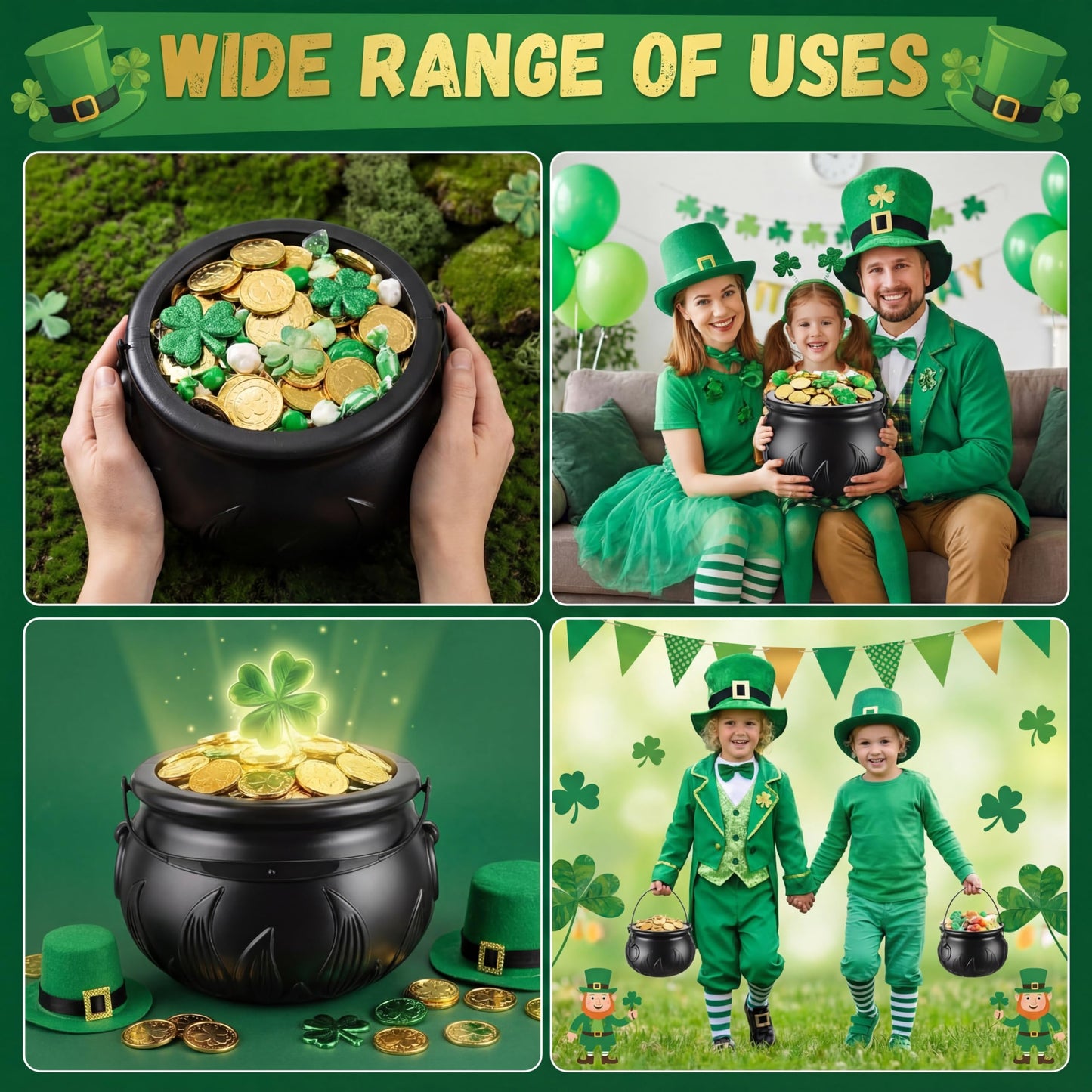 Threehoney 16 in 1 St. Patrick's Day Cauldron 12.8 9.8 7.6 5.7 2.7 Large Witch Leprechaun Pot for Irish Party Decoration Plastic Cauldron with Portable Carrying Handle Black Candy Pot Indoor Outdoor