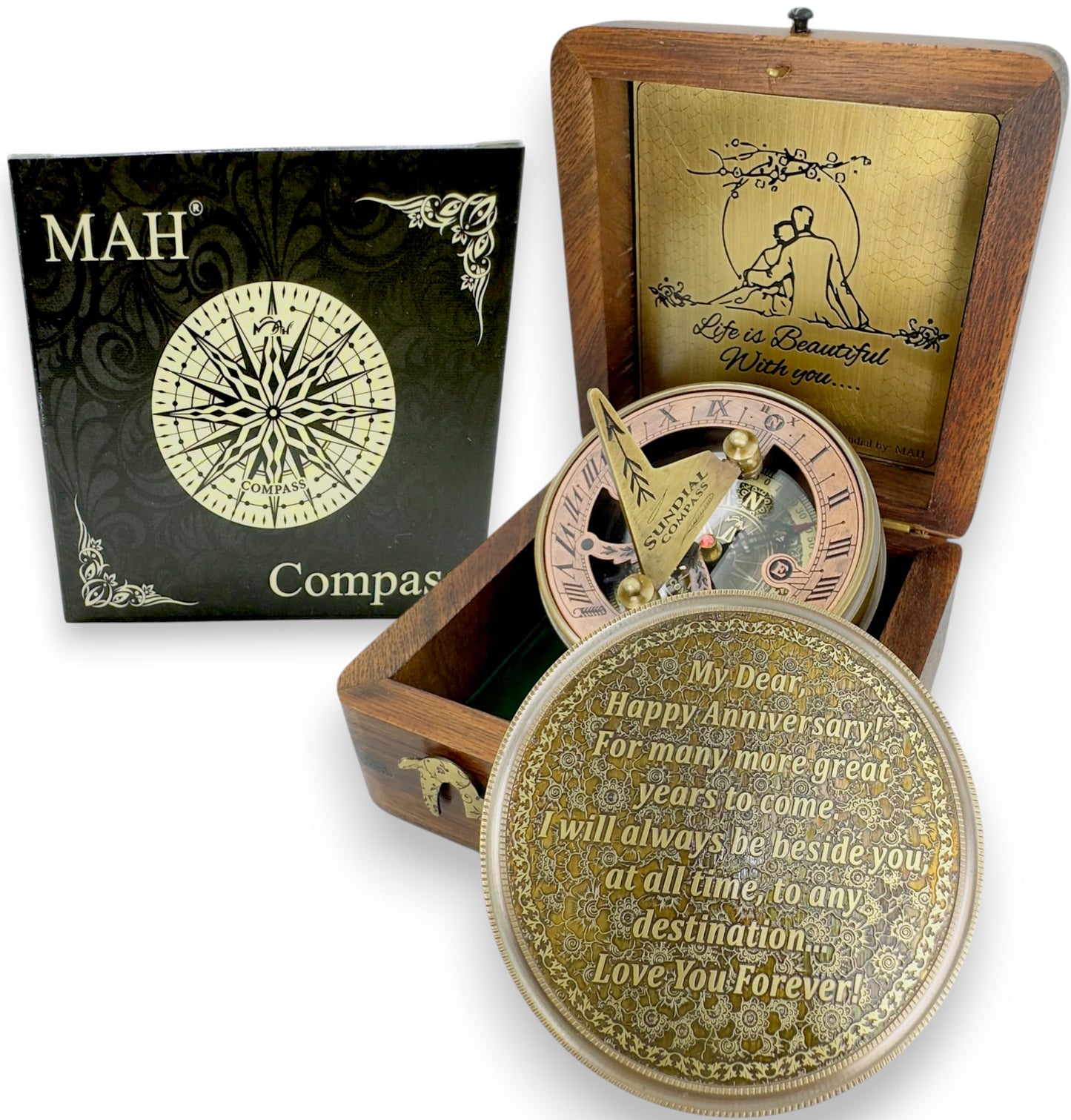 Anniversary Brass Sundial Compass Gift for Him or Her – Keepsake for Husband, Wife or Couple – 50th 40th 25th 20th 1st Year Wedding or Love Celebration – Engraved or Embossed Romantic Quote Compass