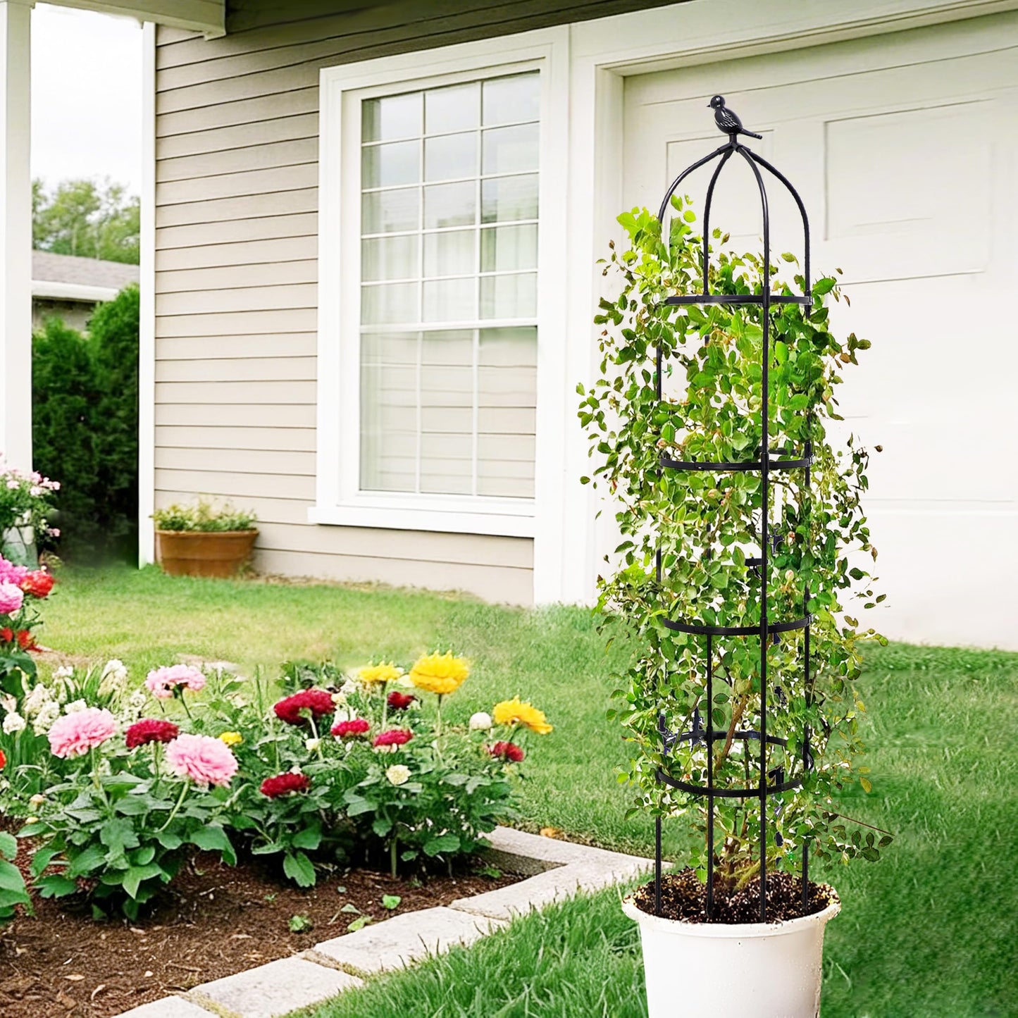 2-Pack 6FT Garden Obelisk Trellis for Climbing Plants,Adjustable 4-Tier Metal Plant Support,Rustproof Outdoor Plant Tower with 3 Decorative Tops for Roses,Tomatoes,Clematis & Vines,Black