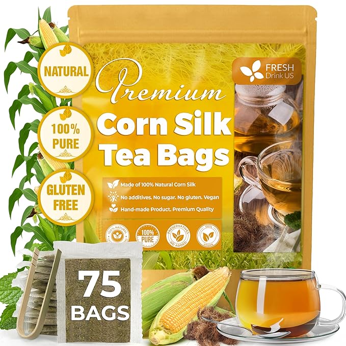 FreshDrinkUS, Premium 75 Tea Bags Corn Silk Tea, 100% Natural & Pure from Corn Silk. Herbal Tea. Clean Ingredients. Made with Natural Material Tea Bags. No Sugar, No Caffeine, Vegan.