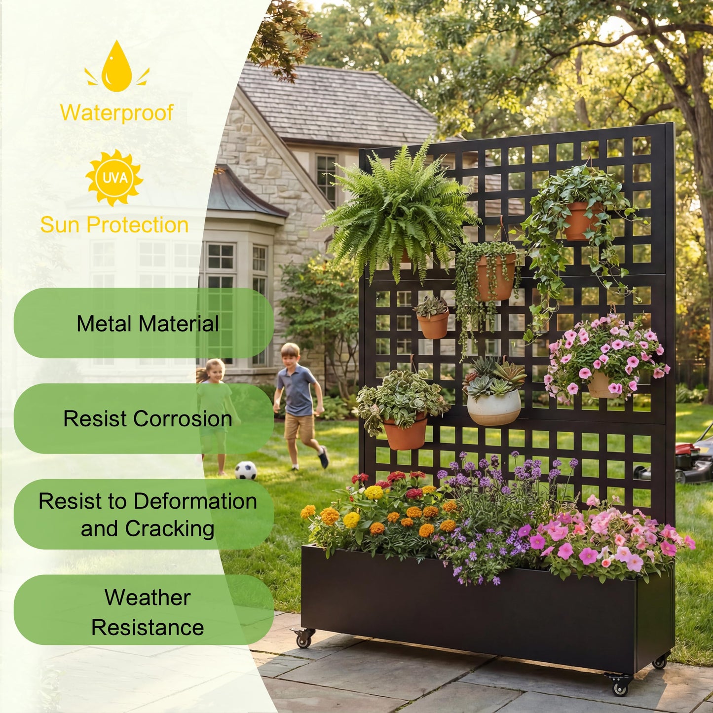 MATONELL 73" Tall Raised Garden Bed with Trellis & Wheels, Galvanized Metal Planter Box for Climbing Plants, Outdoor Planter (Black)