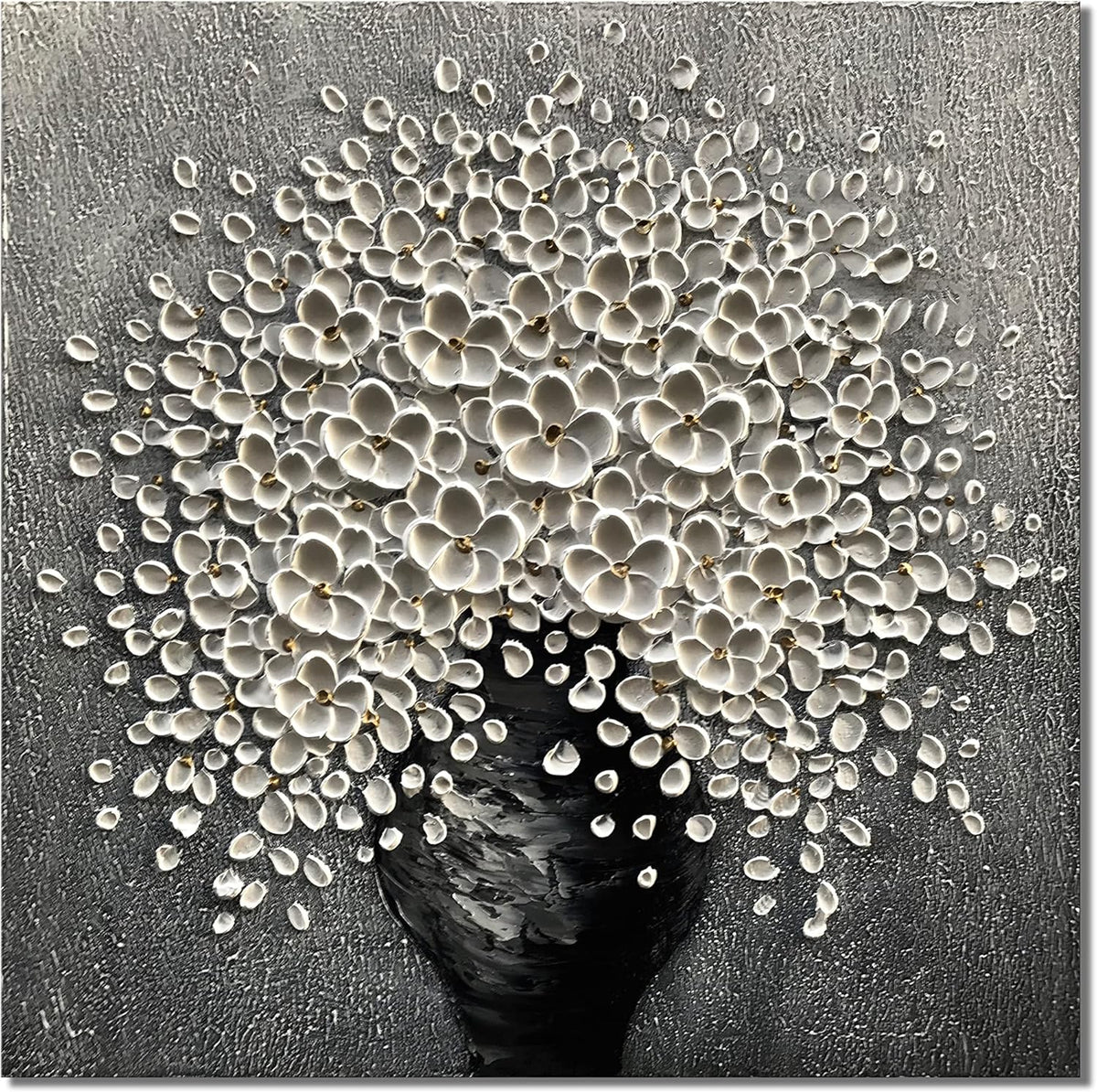 Canvas Wall Art Grey and white flower painting, 30x30 inchs modern flower tray knife painting, bedroom kitchen dining room living room office home wall decoration