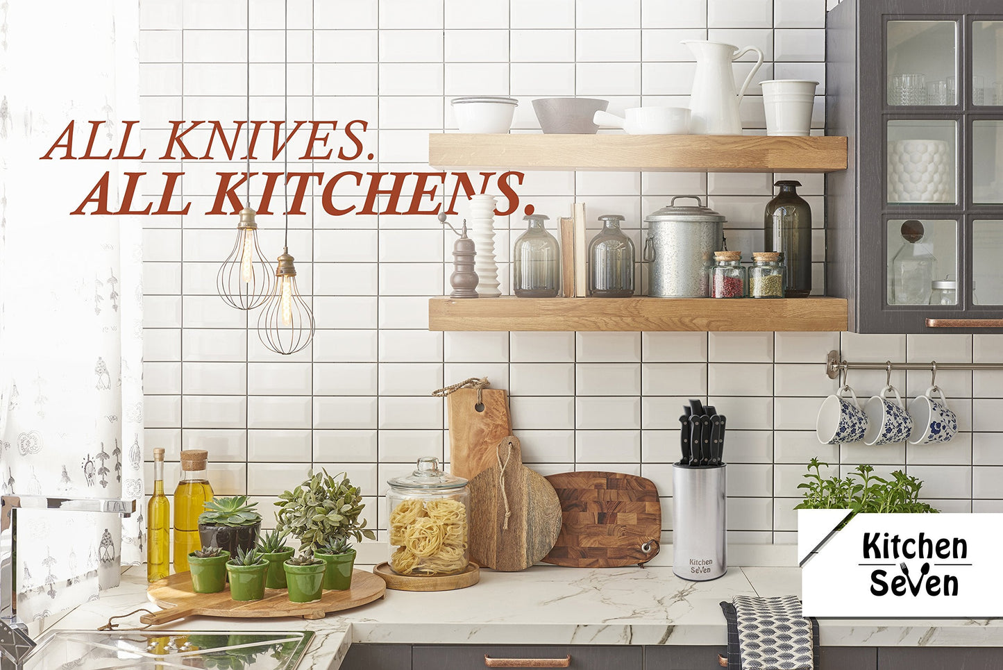 Kitchen Seven Universal Knife Block - Stainless Steel Kitchen Knife Holder Without Knives - Round Space -Saver Knife Storage Stand safely stores knives while keeping blades clean and sharp