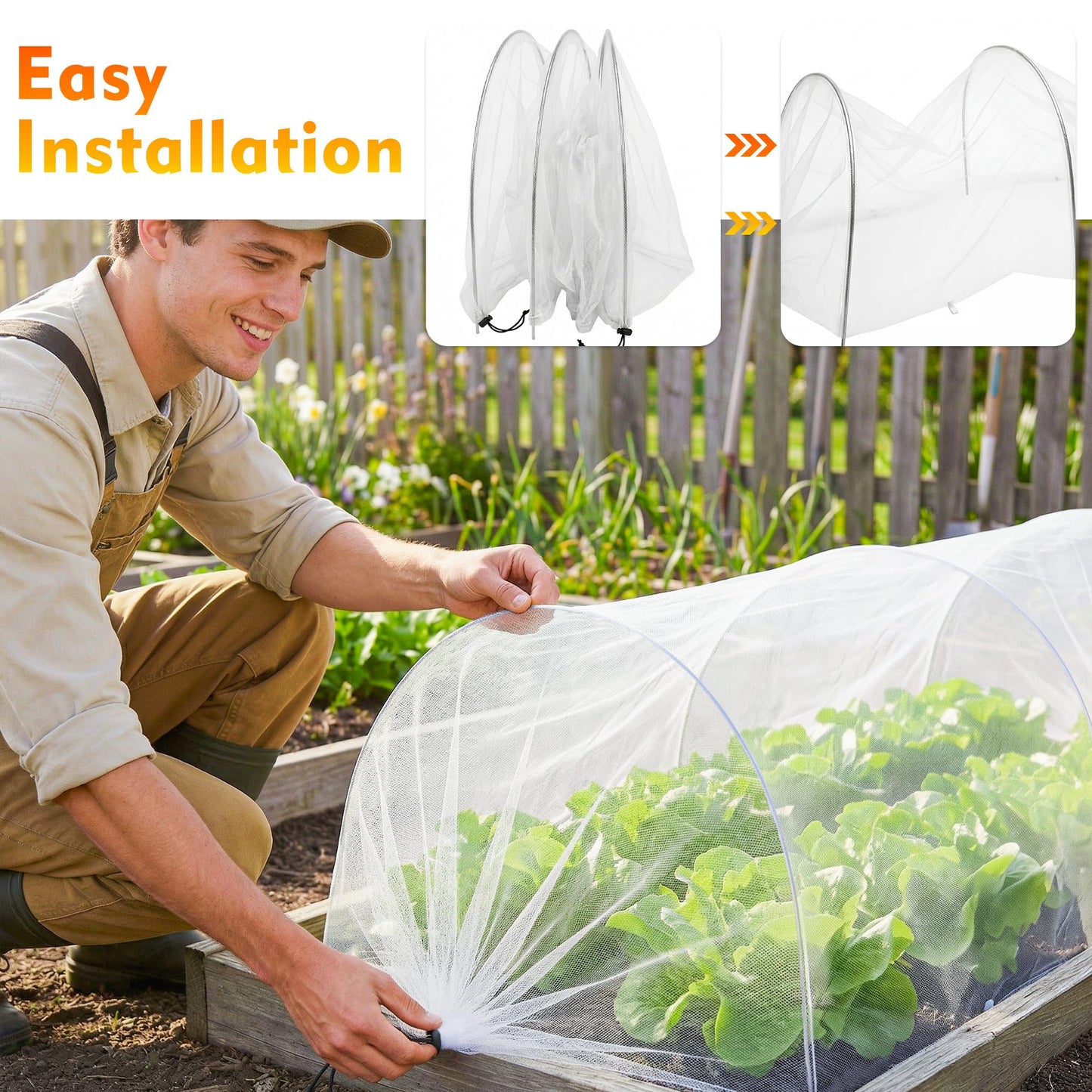 warmfarm 4ft Garden Row Accelerator Plants Cover, Pop Up Garden Bed Tunnel Net with 6 Stakes, Ready-to-Use Design Garden Beds Vegetable Rows Plant Protector for Protecting Vegetable Fruit